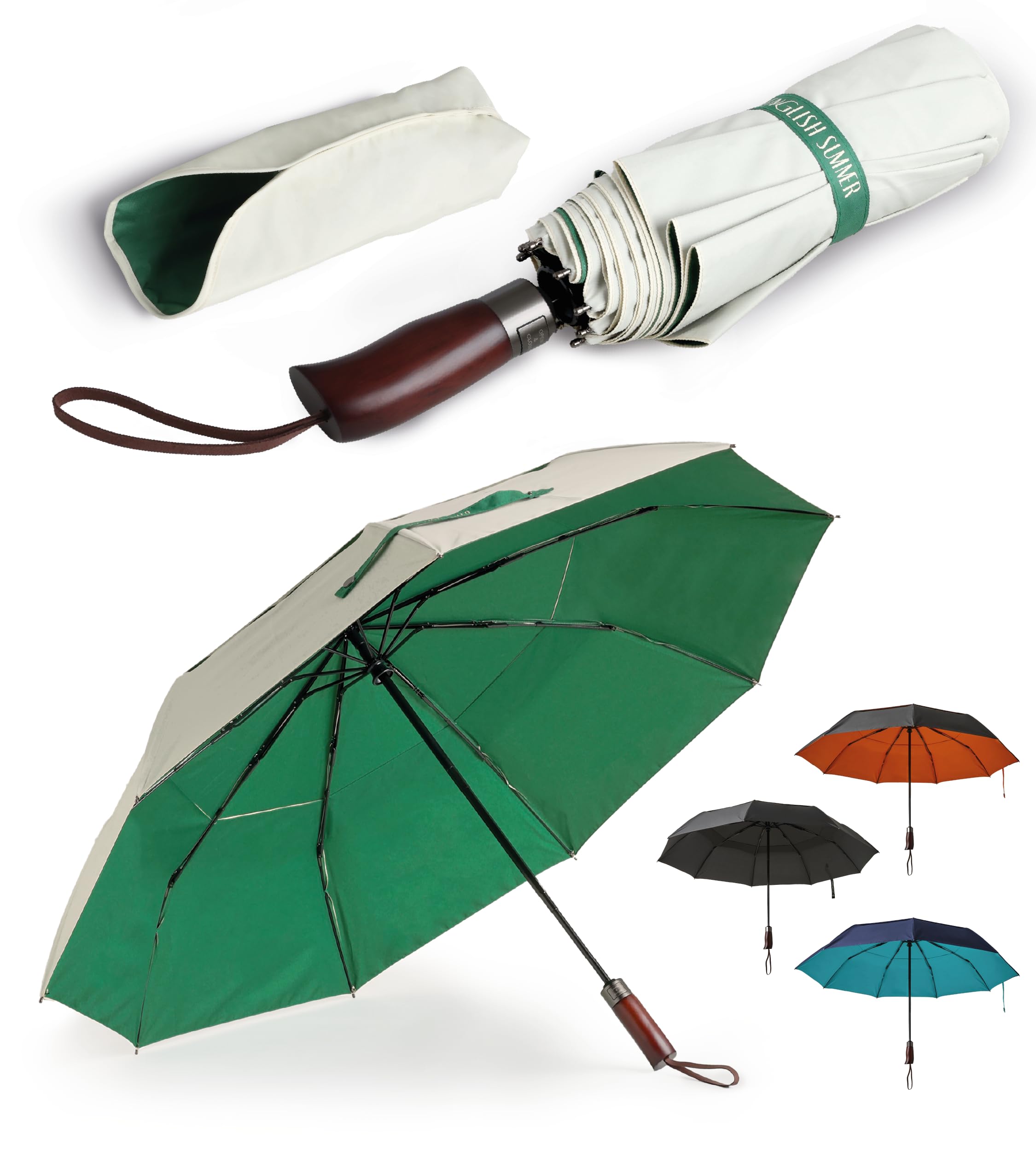 Sponsored Ad – Luxury, Quality, Windproof Umbrella for Rain & Sun: Strong, Automatic, Extra Large Canopy, Vented, Folding, Real Wooden Handle (Cream & Green)