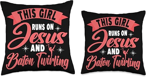 Miniatura 3 de Baton Twirler Majorettes Baton Twirling Girl Gifts This Girl Runs on Jesus and Baton Twirling Throw Pillow 16x16 Multicolor