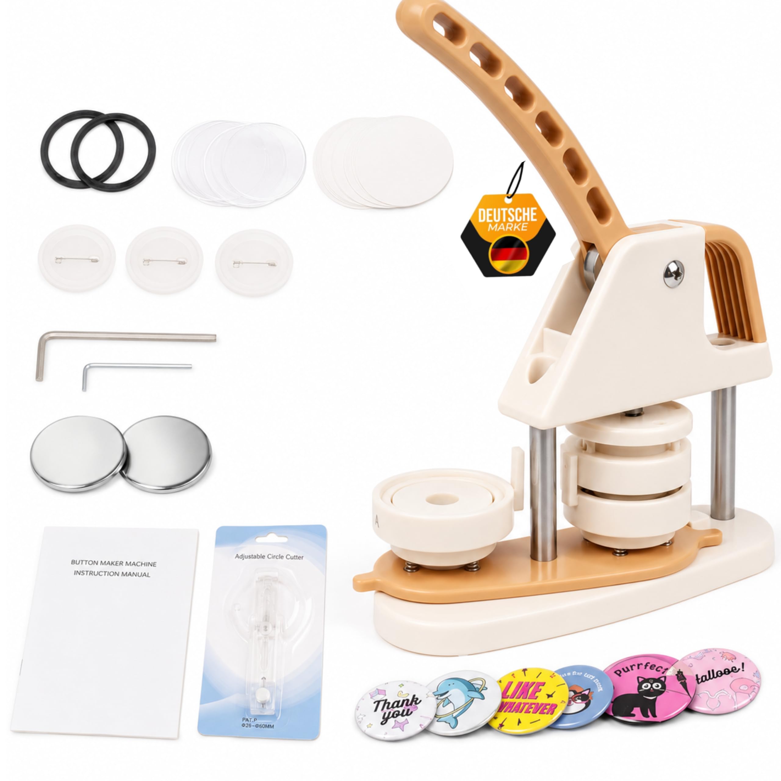 ButtonManufaktur Buttonmaschine 58 mm Set inkl. Material für 100 Buttons & Kreisschneider – Button Maker, Badge Maker und Buttonpresse für Anstecker, Pins, Vereine, Events & Workshops