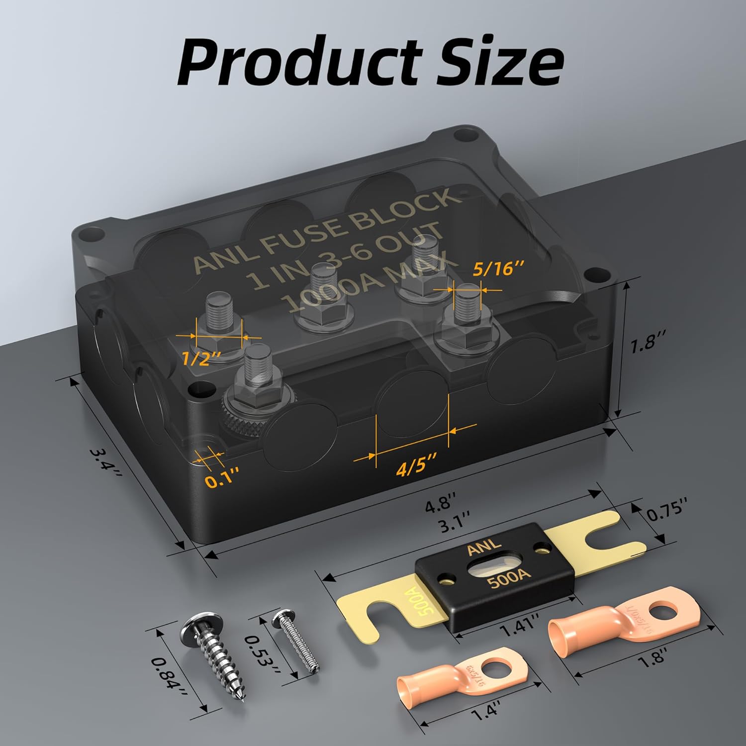 ANL Fuse Holder with 300A, 400A, 500A Fuses, Max 1000A Waterproof Marine Fuse Block, 1 in 3-6 Out, 4 x 5/16" M8 Studs Heavy Duty Dual Fuse Holder for Automotive, Boat, RV, Truck