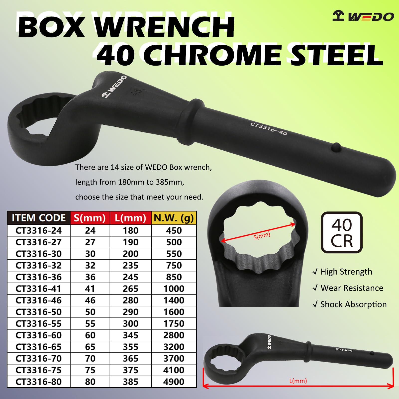 WEDO Box Wrench for Extension,Size 75mm,Length 375mm,Ring Wrench 75 Degree High End,40 Chrome Steel,One-time Die Forged,Strong Torque,High Strength,Wear Resistance,Black-Spray on Surface