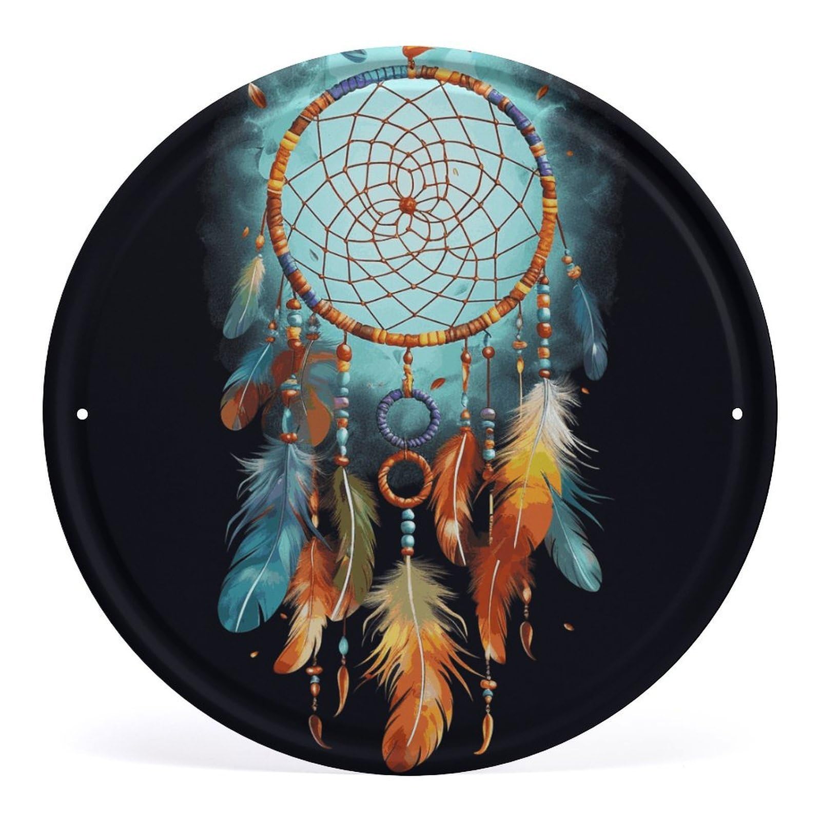 Fodpand Style Feathers Dream Catcher Round Wall Art Hanging Decorations, Wall Decor Modern Minimalist Artwork, Tin Sign Hanging Picture For Living Room, Bedroom, Office, Hallway, 11.8X11.8 Inch