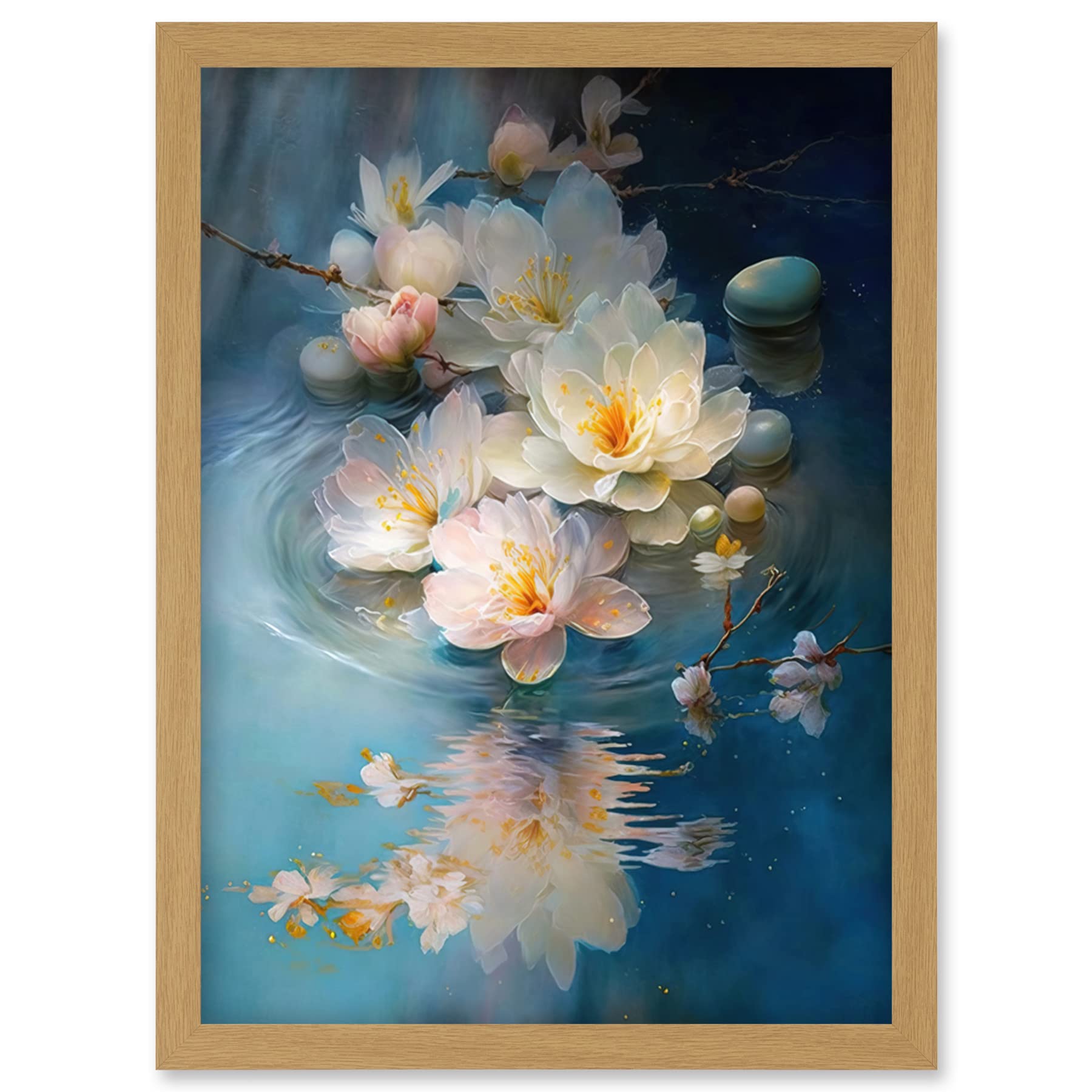 Artery8 Fallen Cherry Blossom Flower Water Ripples Modern Watercolour Painting Artwork Framed Wall Art Print A4
