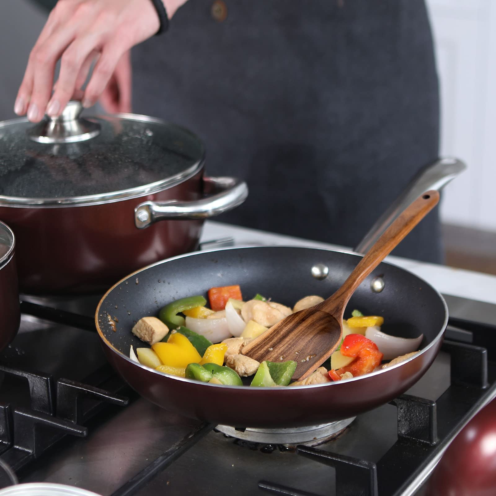 GUANKE Juego de utensilios de cocina de madera de estilo japonés, juego de utensilios de madera antiadherentes, cucharas de madera y espátula, utensilios de cocina para el hogar, uso diario y