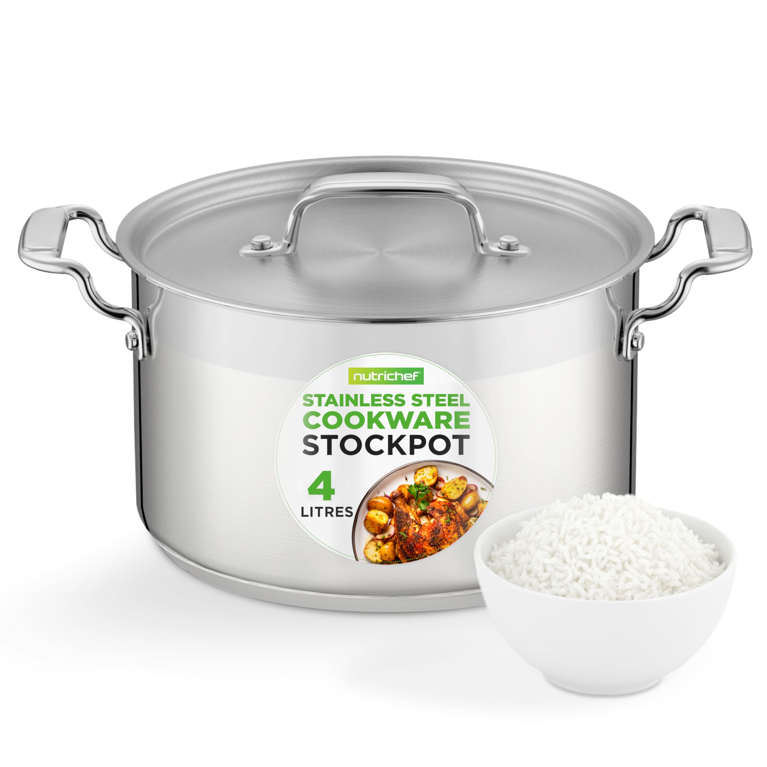 NutriChef 5-Quart Stainless Steel Stockpot - 18/8 Food Grade Heavy Duty Large Stock Pot for Stew, Simmering, Soup, Includes Lid, Dishwasher Safe, Works w/Gas, Induction, Ceramic & Halogen Cooktops
