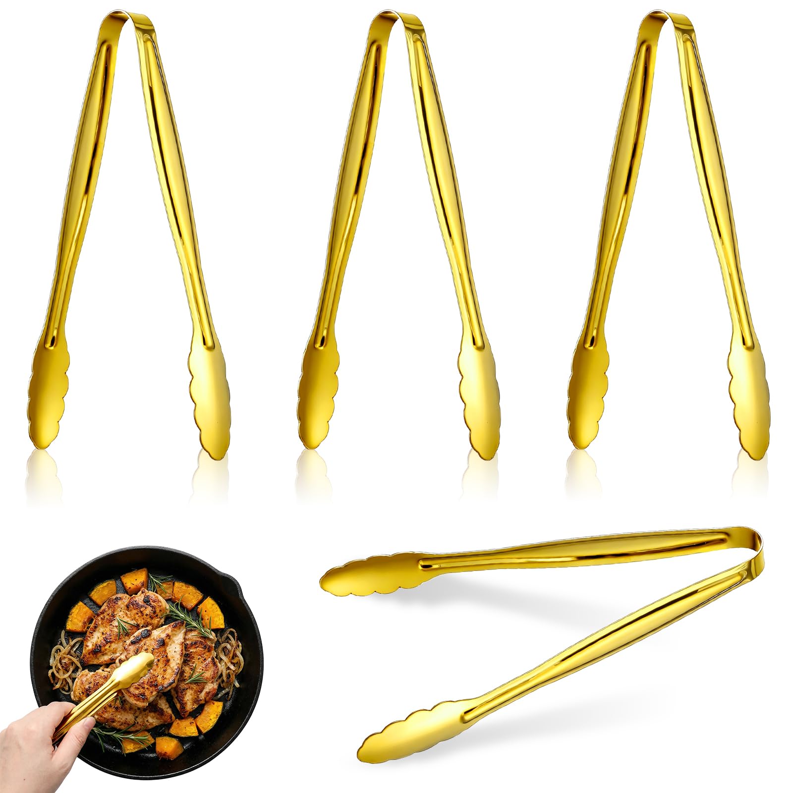 Paquete de 4 pinzas doradas para servir alimentos, pinzas pequeñas de acero inoxidable para bufé, suministros de bufé, pinzas para fiestas, postres, hielo, azúcar, bistec, ensalada, aperitivos, pan (6