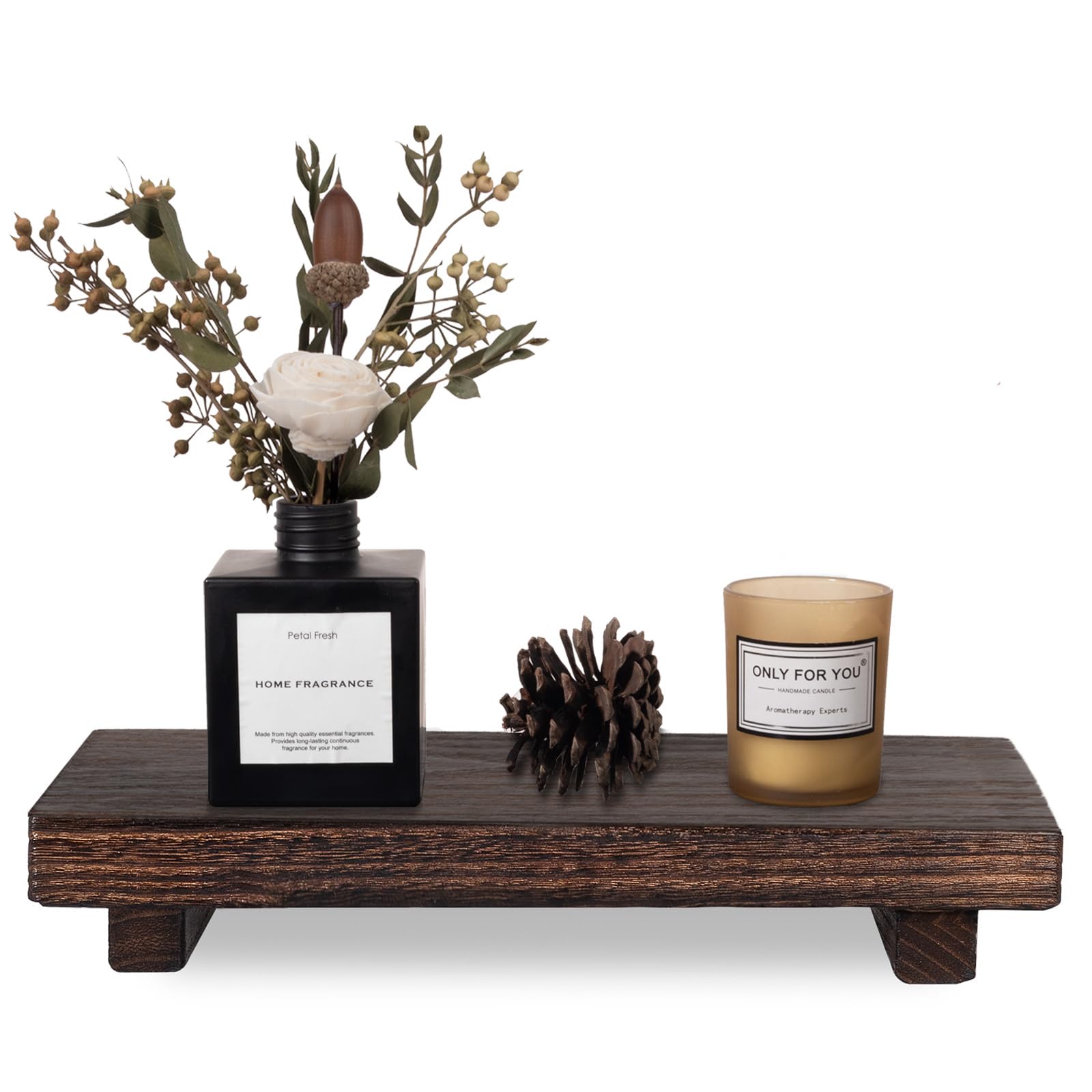 Small Wood Tray Pedestal Stand Farmhouse Bathroom Decor Decorative Wooden Riser Kitchen Soap Dish Holder for Vanity, Counter, Sink, Large 11.8" x 7" - Dark Brown