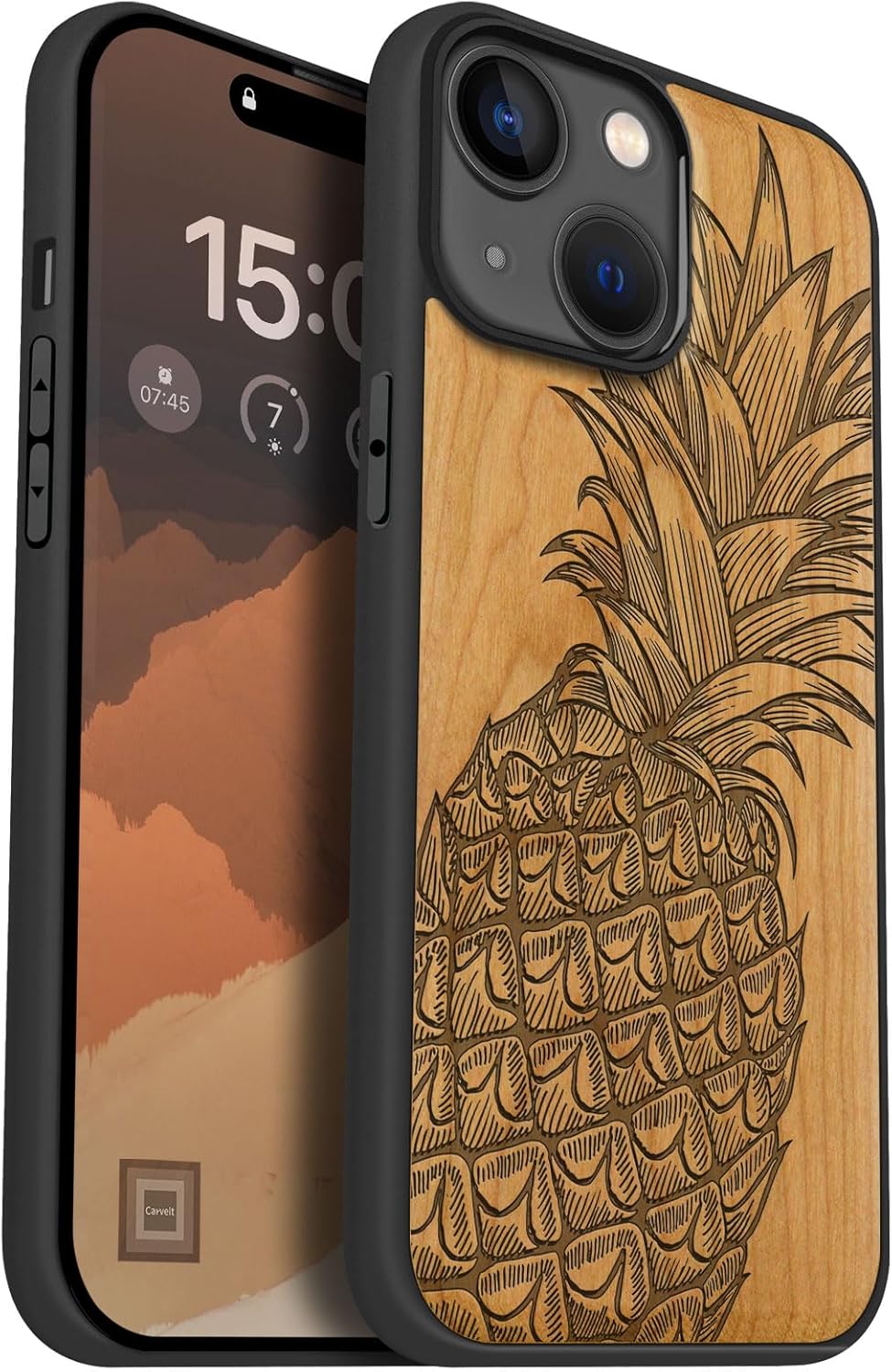 Carveit Magnetic Wooden Case for iPhone 15 Case, Compatible with MagSafe Wireless Chargers, Black Soft TPU Shockproof Cover & Wood Artisan Engraved (Pineapple Design) - Cherry