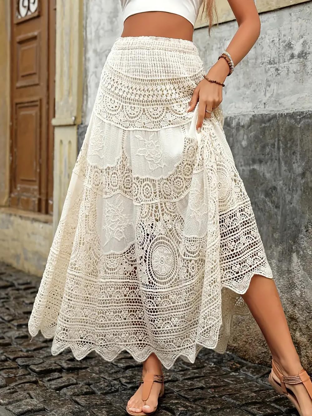 Women's Crochet Skirt High Waist Maxi Stretchy Boho Hollow Out Flowy Lace Skirts - Image 3