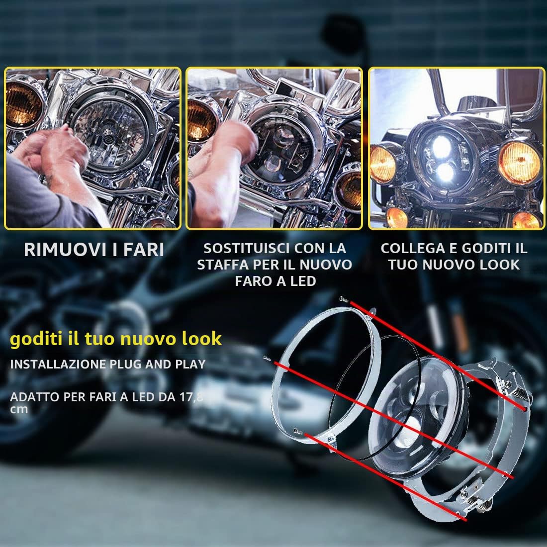 7 Pollici Rotonda Faro Anello Di Montaggio per Faro/Street Glide (Nero)