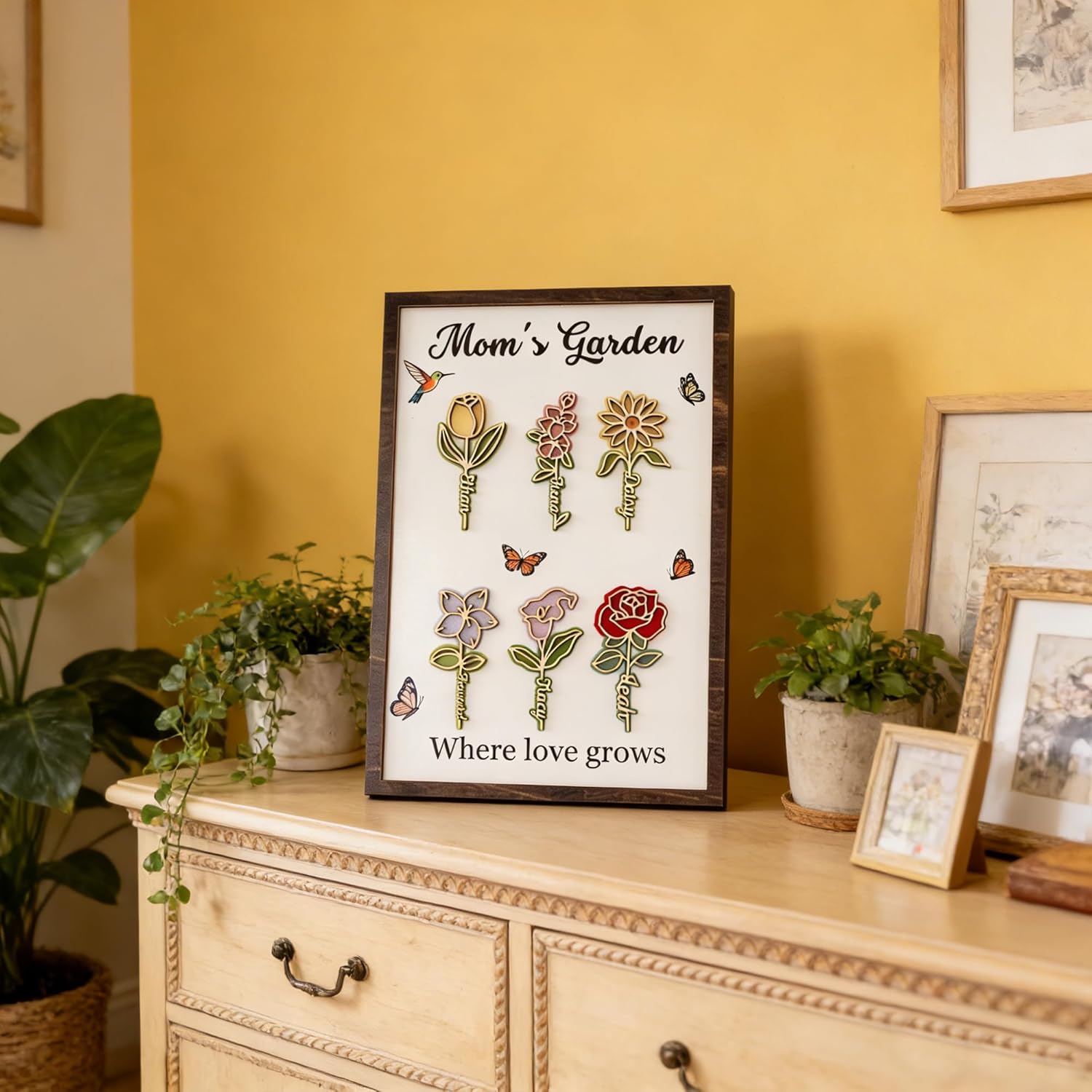 Personalized Birth Flower Signs with Names, Custom Wooden Wildflower Frame with Stand, Custom Wooden Flower Name Sign Home Desk Decor, Birthday Mothers Day Gifts for Mom Grandma Nana, 4 Sizes