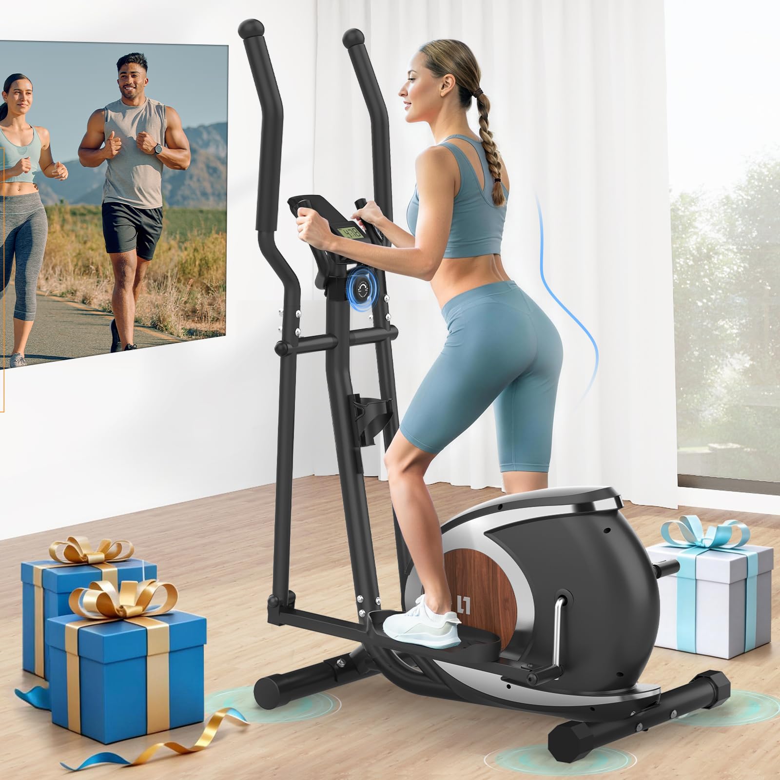 Neezee Bicicleta Elíptica Magnética con 16 Niveles de esistencia, Máquina Elíptica Ultrasilenciosa para el Hogar, Monitor LCD, Portabotellas, Capacidad de Carga de 120 KG