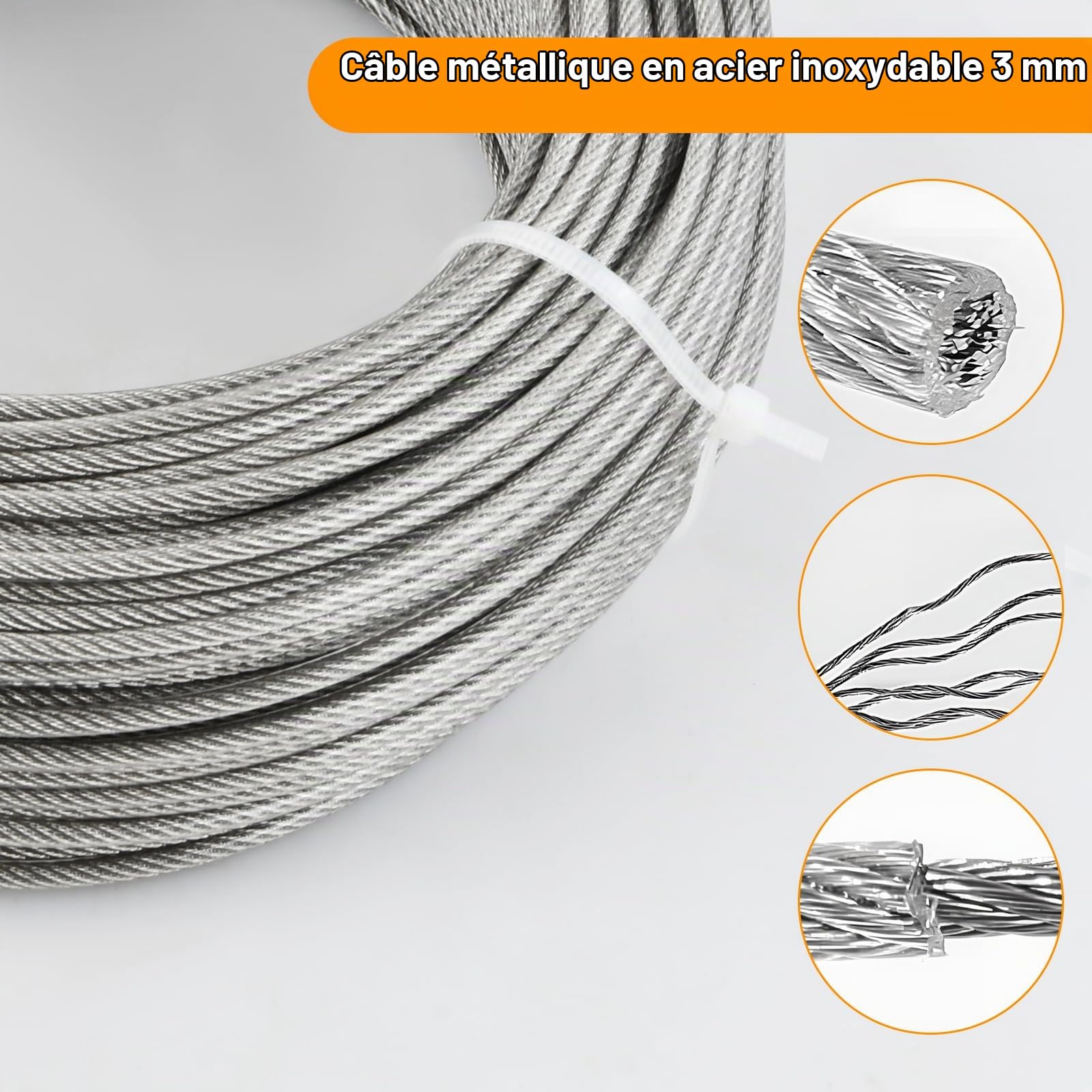 50m Serre Cable Acier, 67 Pcs Kit Gaine Cable 3mm 7x7 avec 4 Tendeur Cable, 20 Boucles Sertissage, 10 Cosses Cable, 10 Pinces, 4 Crochets Muraux, Clé, Coupe Fil, Cable Inox Rideau Fil Corde a Linge