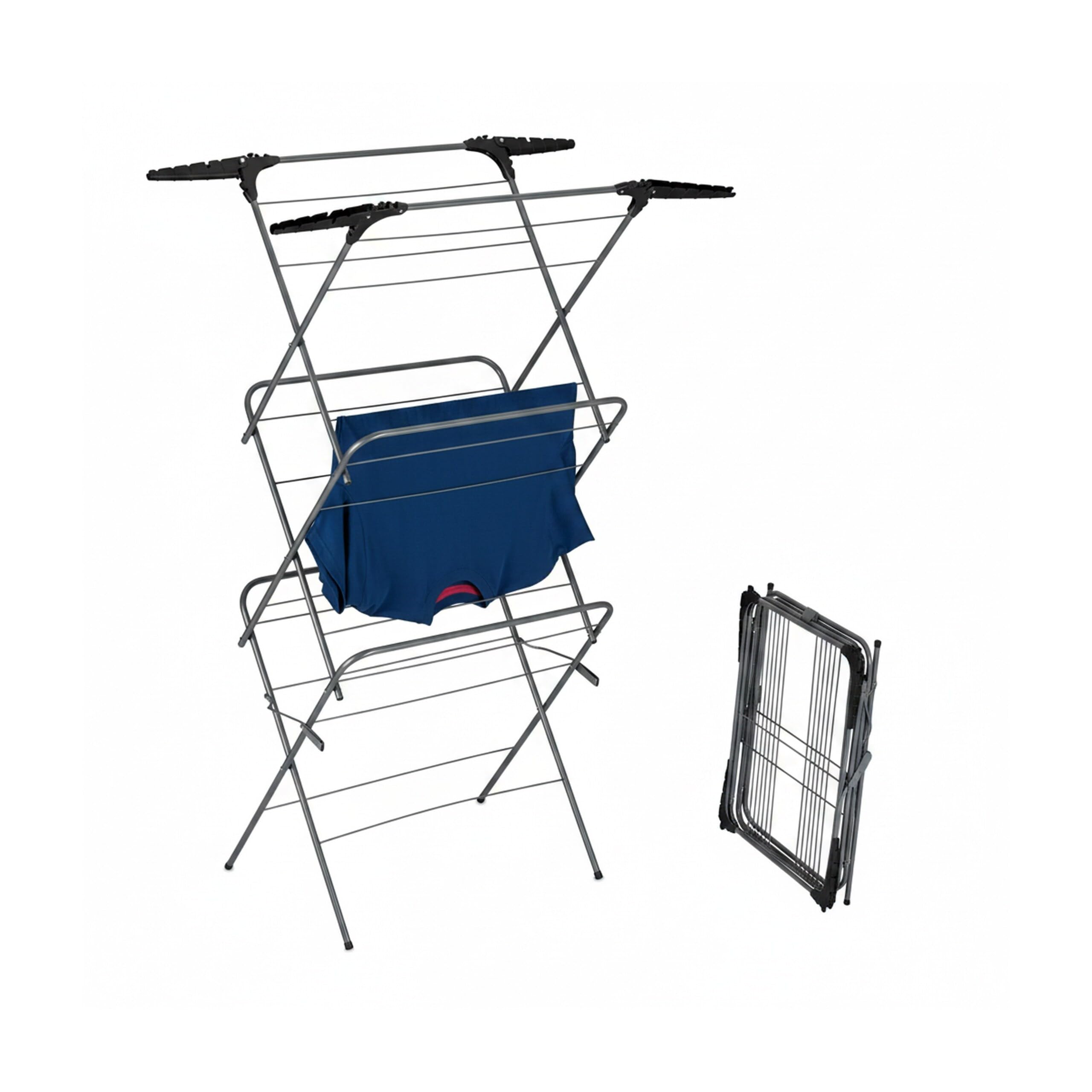 Relaxdays Tendedero Torre Plegable, 3 Niveles, Ahorra Espacio, Soporte Perchas, 138x63,5x50 cm, Tenderete, Gris/Negro