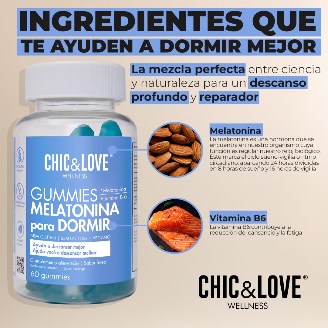 Melatonina Gominolas para Dormir con Vitamina B6 – Sabor Fresa Ingredientes Naturales Veganas Sin Gluten – Ayudan a Conciliar Sueño Bienestar 60 unidades – CHIC & LOVE