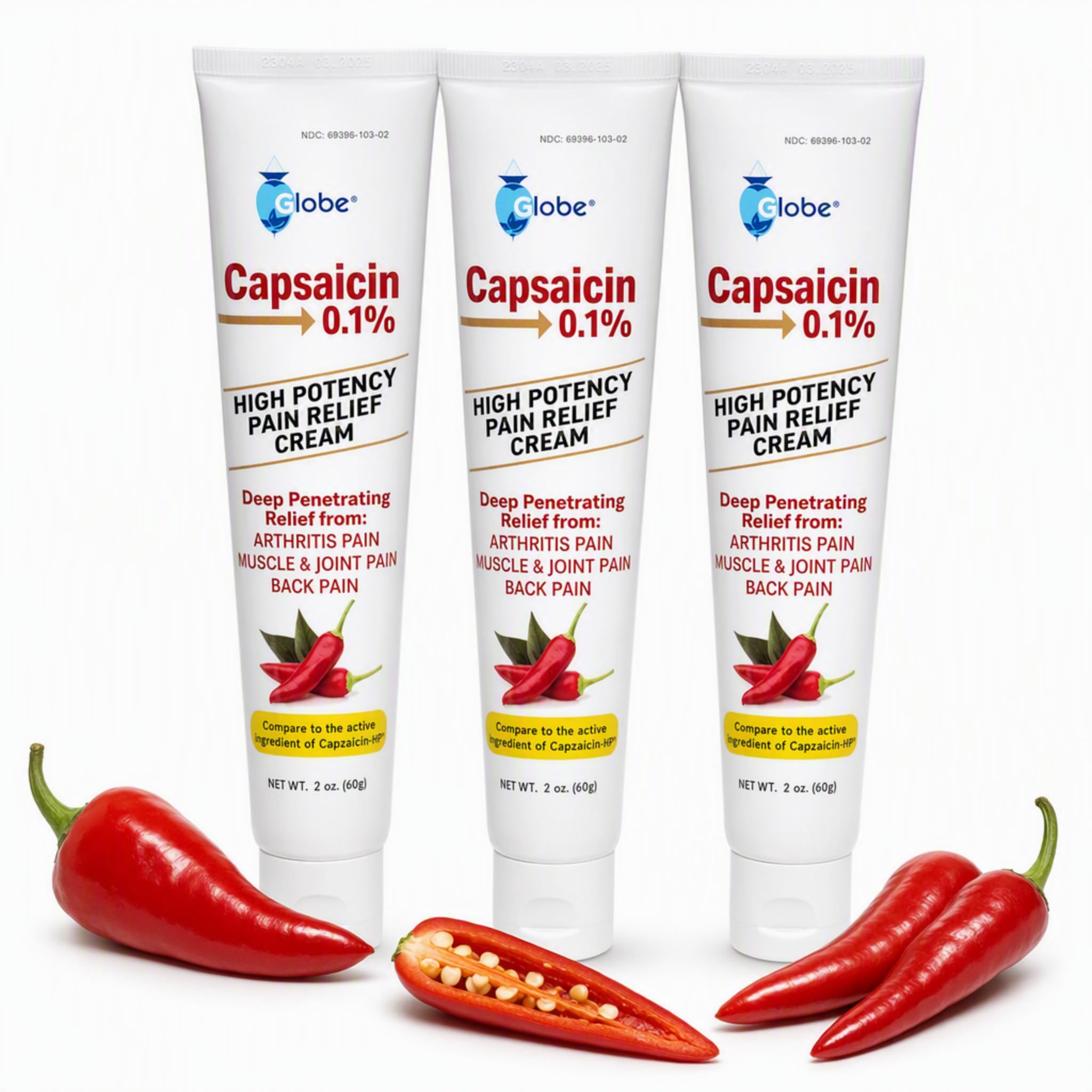 [BRSW2CY7CAHQIDTO] Globe Capsaicin 0.1% Pain Relief Cream 2 oz, High Potency 3 - Pack