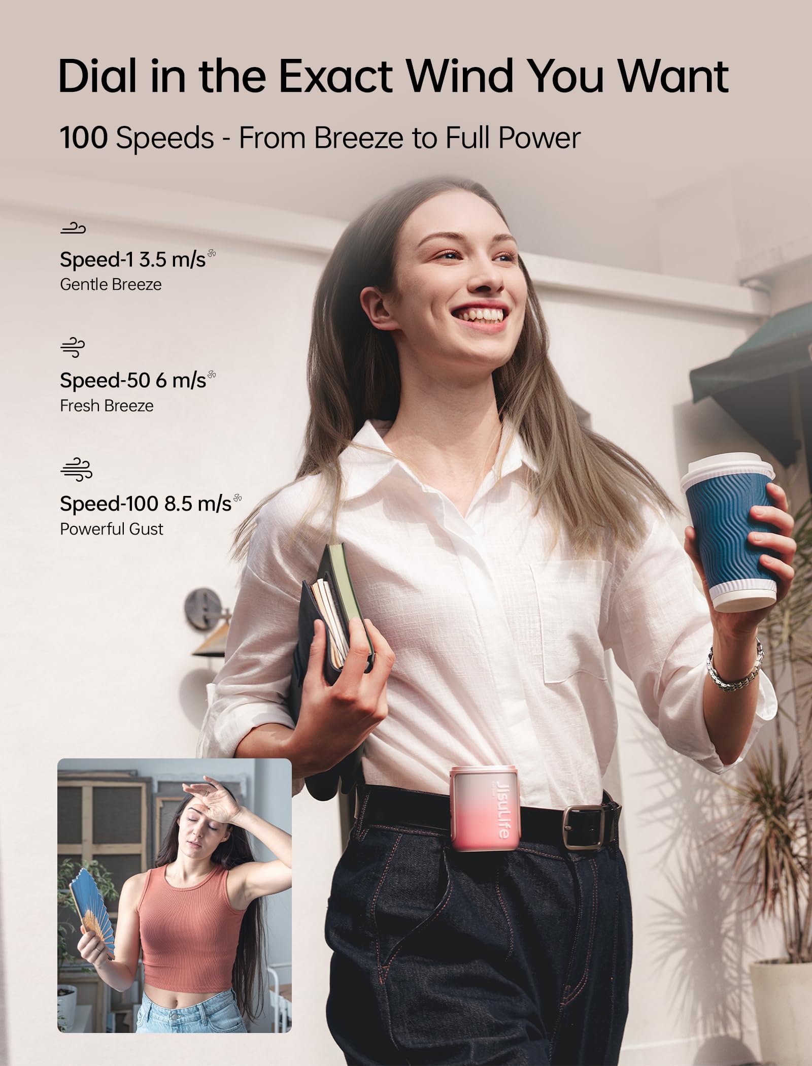 JISULIFE Mini Ventilador de cuello portátil, 100 velocidades, 40000 RPM | Ventilador LED recargable por USB de 16 horas y 4500 mAh, regalo para mujeres para actividades al aire libre o viajes (Rosa)
