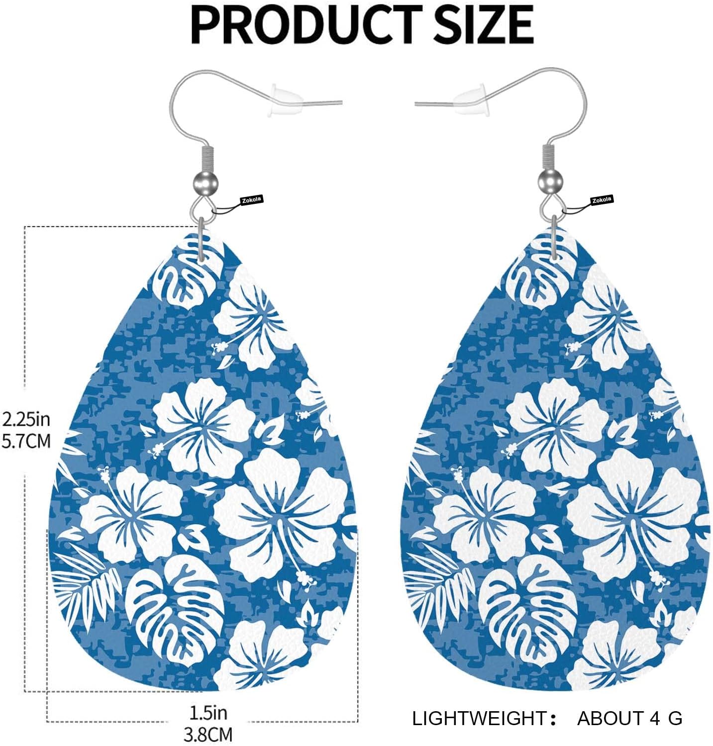 Zokola Hawaii Hibiscus Earrings, Tropical Hibiscus Floral Blue Camouflage Leather Earrings For Women Friends, Teardrop Double-Sided Dangle Lightweight Leaf Earrings - Image 3