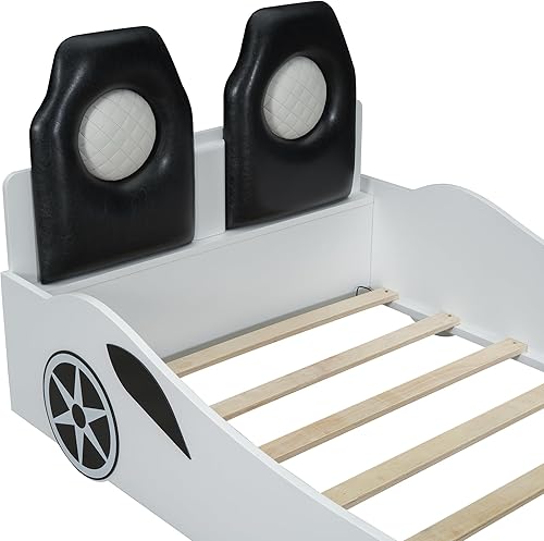 Miniatura 44 de Cama de plataforma clásica en forma de automóvil con ruedas, cama de automóvil de tamaño matrimonial con soporte de listones de madera, marco de