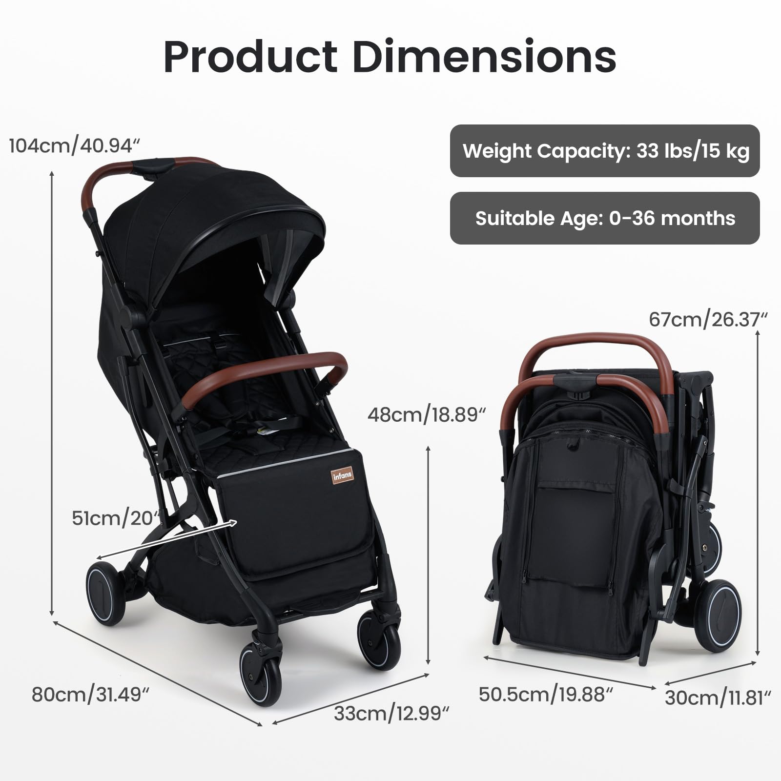 INFANS Travel Stroller, Lightweight Compact Baby Stroller for Airplane with One-Hand Fold, Multi-Position Recline, Canopy, 4 Wheel Suspension, Storage Basket (Black+Black) — view 7