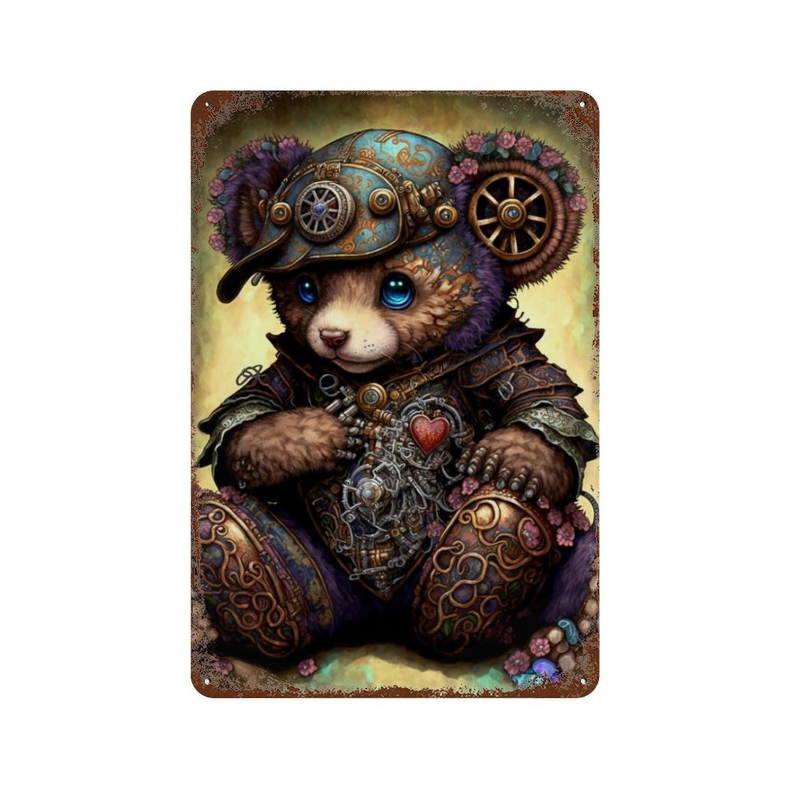 Steampunk Panda Art Print Distressed Metal Wall Sign 11.8"x7.9", Shabby Chic Decor for Garage, Pub Or Kitchen