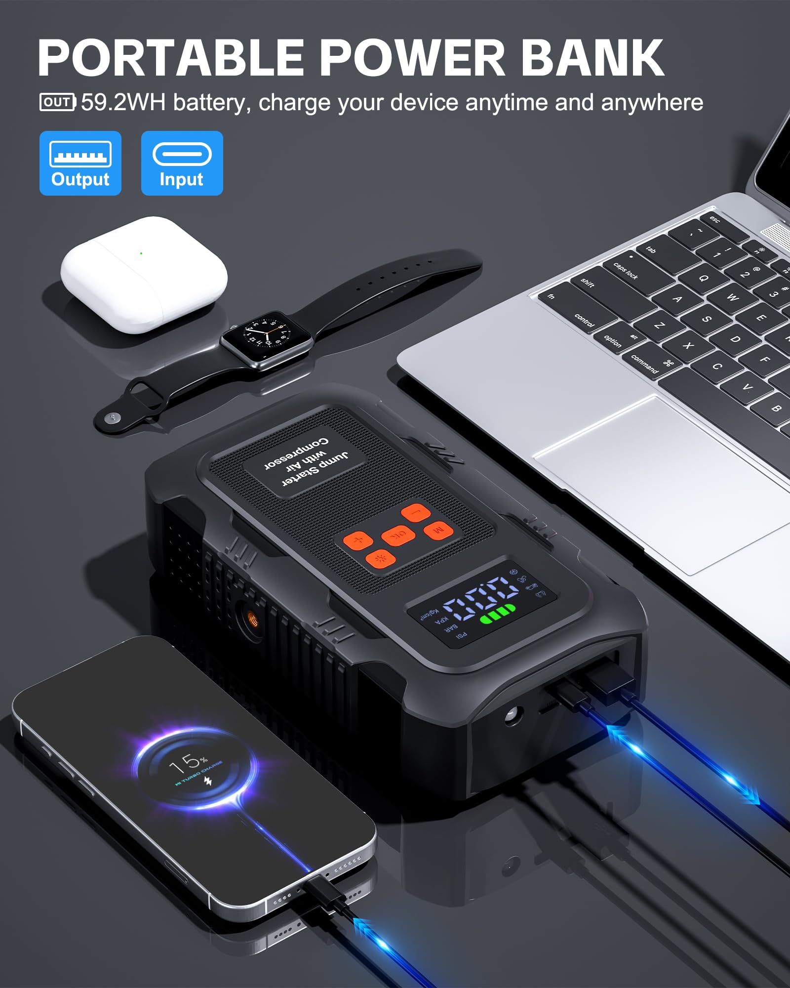Povasee Starthilfe Powerbank für Pkw mit Kompressor 150 PSI, 6000A Starter Powerbank mit Elektrische Luftpumpe, 12V Auto Starthilfe (10L Benzin/8L Diesel), Jump Starter mit Taschenlampe (Orange)