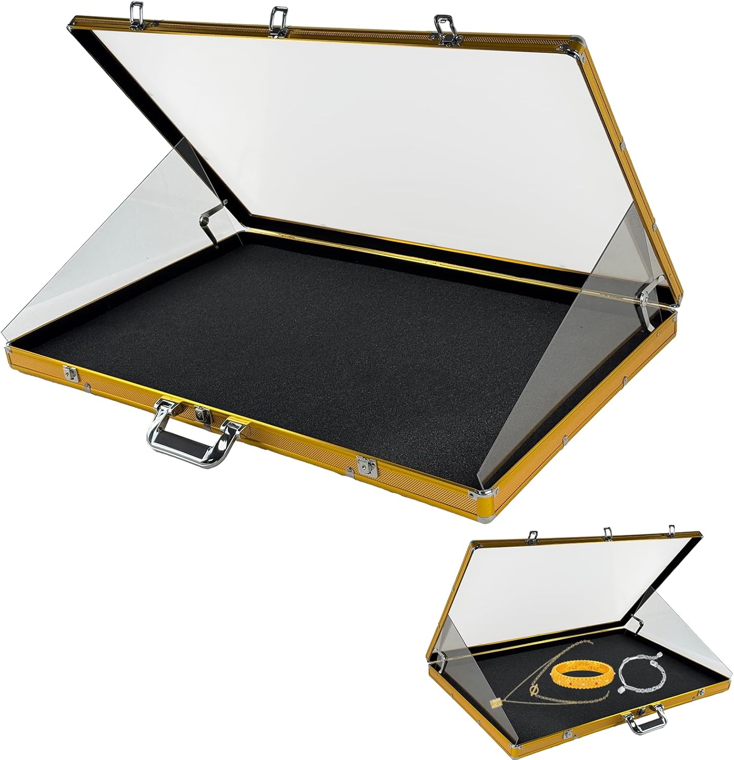 34"x22" Card Show Display Case,Portable Aluminum Trading Card Display Case,Clear Acrylic Card Box with Locks Suitable for Sports Card/TCG/Jewelry Collection (Golden)