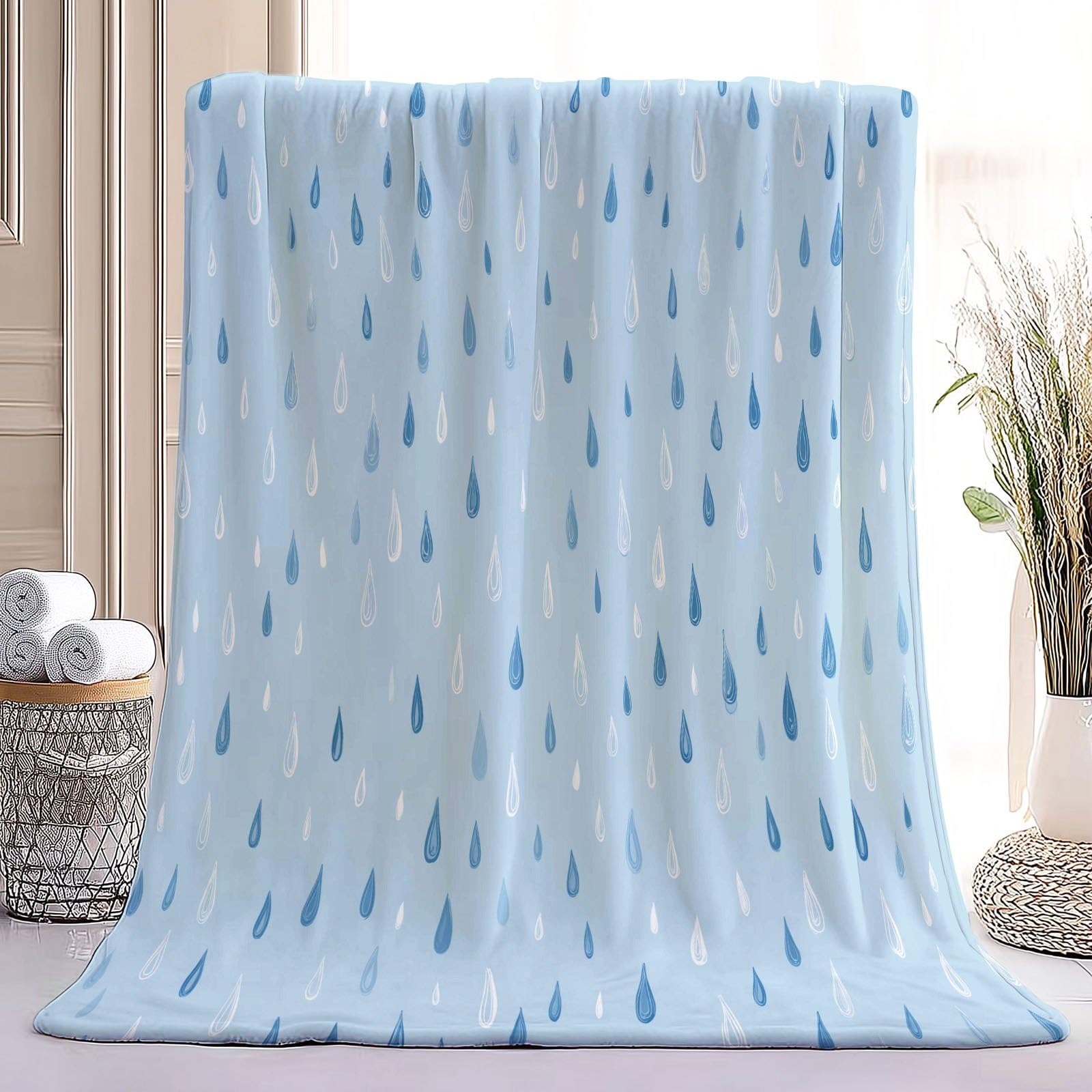 Manta de forro polar de 150 x 200 cm, manta de franela con estampado geométrico, suave, cálida, mullida, manta para sofá, oficina, cama, viajes, color azul y blanco