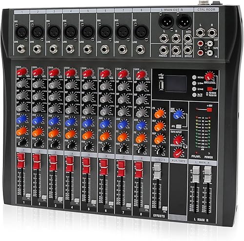 Mezclador de audio de consola de mezcla de 8 canales, interfaz de audio USB Bluetooth, mezclador de potencia fantasma de 8 canales de 48 V, para DJ