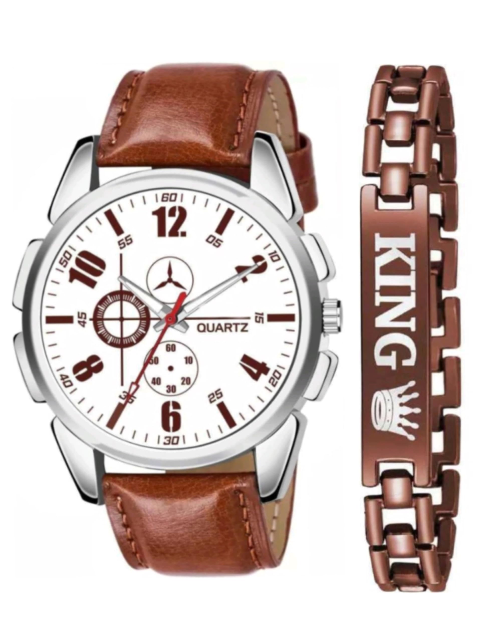 vtrack A20 Stylish Cut Dial & Brown Leather Belt Watch with King Bracelet for Men (White) (B0CVL4HBBM) Amazon Price History, Amazon Price Tracker
