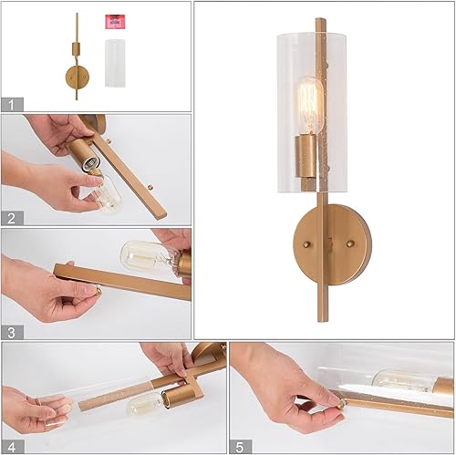 Miniatura 8 de KSANA Lámpara de pared de 1 luz, moderna lámpara dorada montada en la pared, iluminación de baño de vidrio sembrado para dormitorio, pasillo,