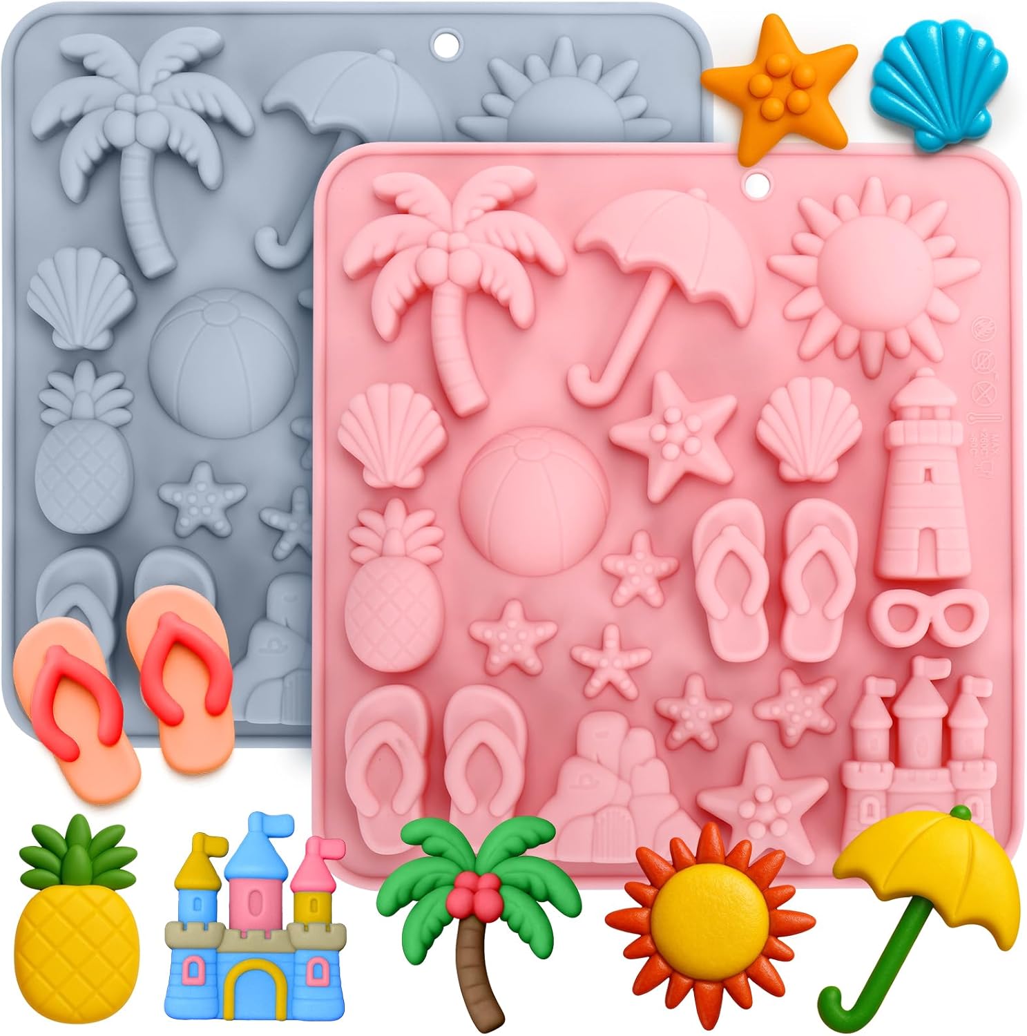 2Pcs Summer Beach Chocolate Silicone Molds, Coconut Tree Pineapple Starfish Shells Candy Chocolate Molds DIY Cupcake Toppers Cake Decorating for Tropical Summer Party