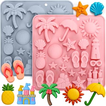 2Pcs Summer Beach Chocolate Silicone Molds, Coconut Tree Pineapple Starfish Shells Candy Chocolate Molds DIY Cupcake Toppers Cake Decorating for Tropical Summer Party
