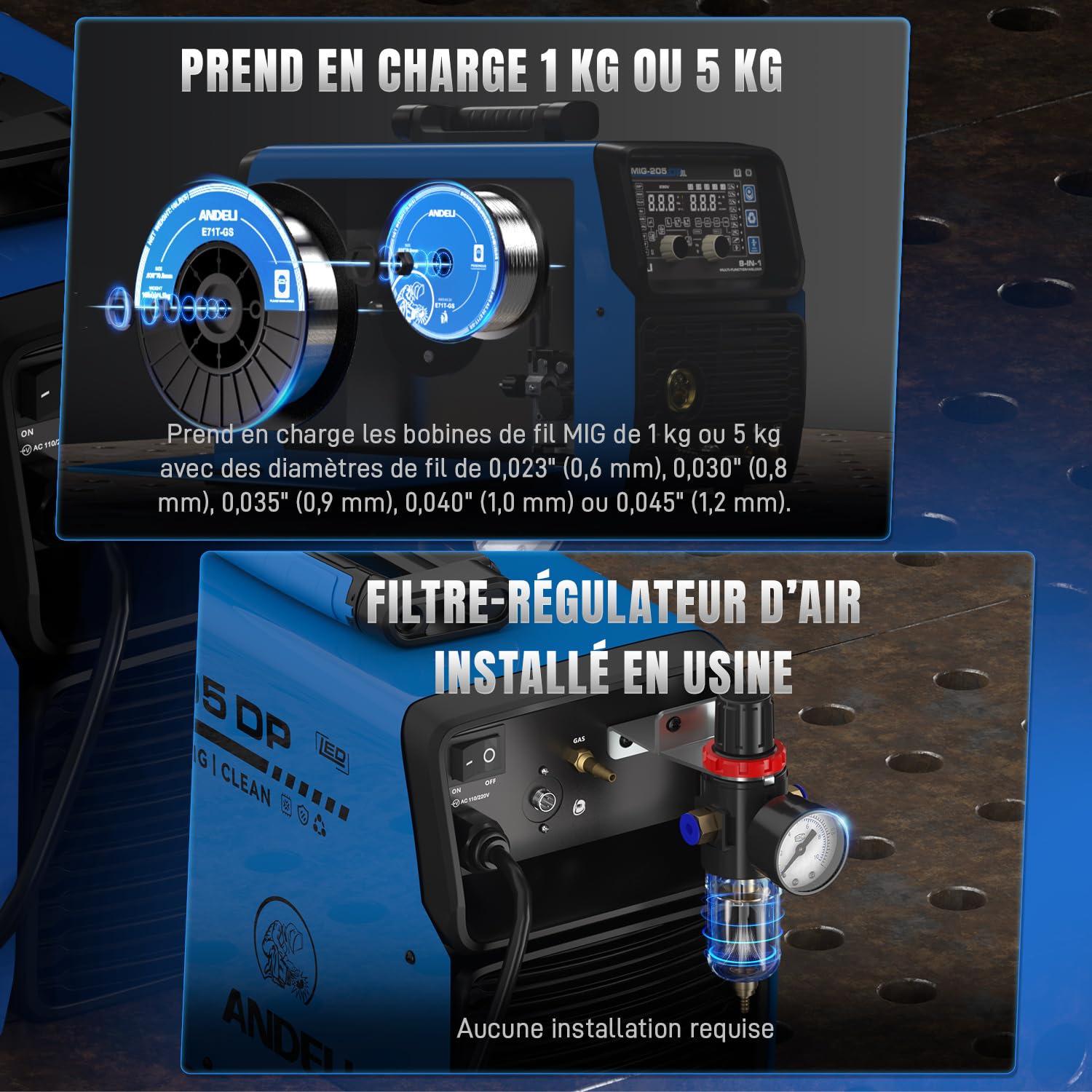 ANDELI 8-in-1 Saldatrice multifunzione 230V - 205A/50A MIG/TIG HF/Plasma | MIG-205DP, Pulsato/Gas/Filo/Pulizia/Freddo/MMA, IGBT, 2T/4T, per Alluminio/Acciaio/Inox, Plasma 50A, Memoria, display HD-LED