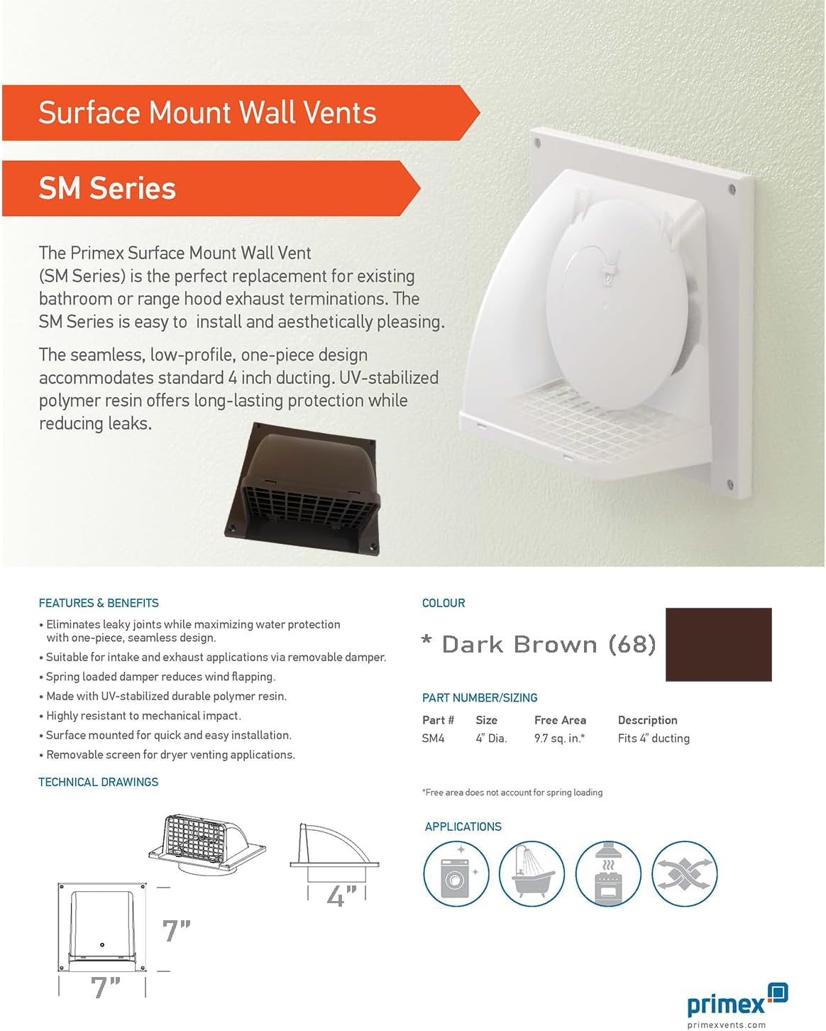 Primex Plastic Wall Cap Removable Screen Dryer Wall Vent High-Quality Easy to Install One Piece (Brown, 4")