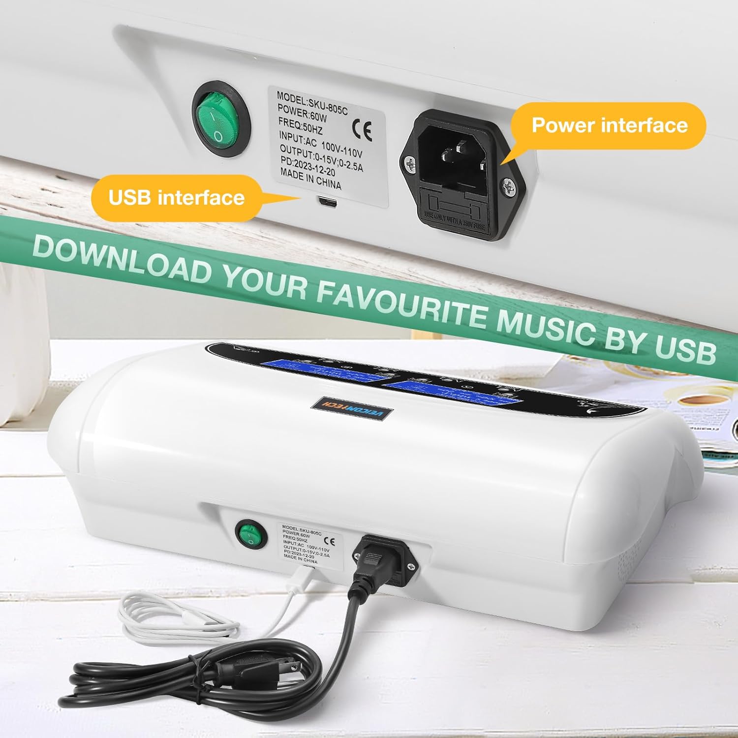 Close-up of the back of the machine showing power and USB interfaces