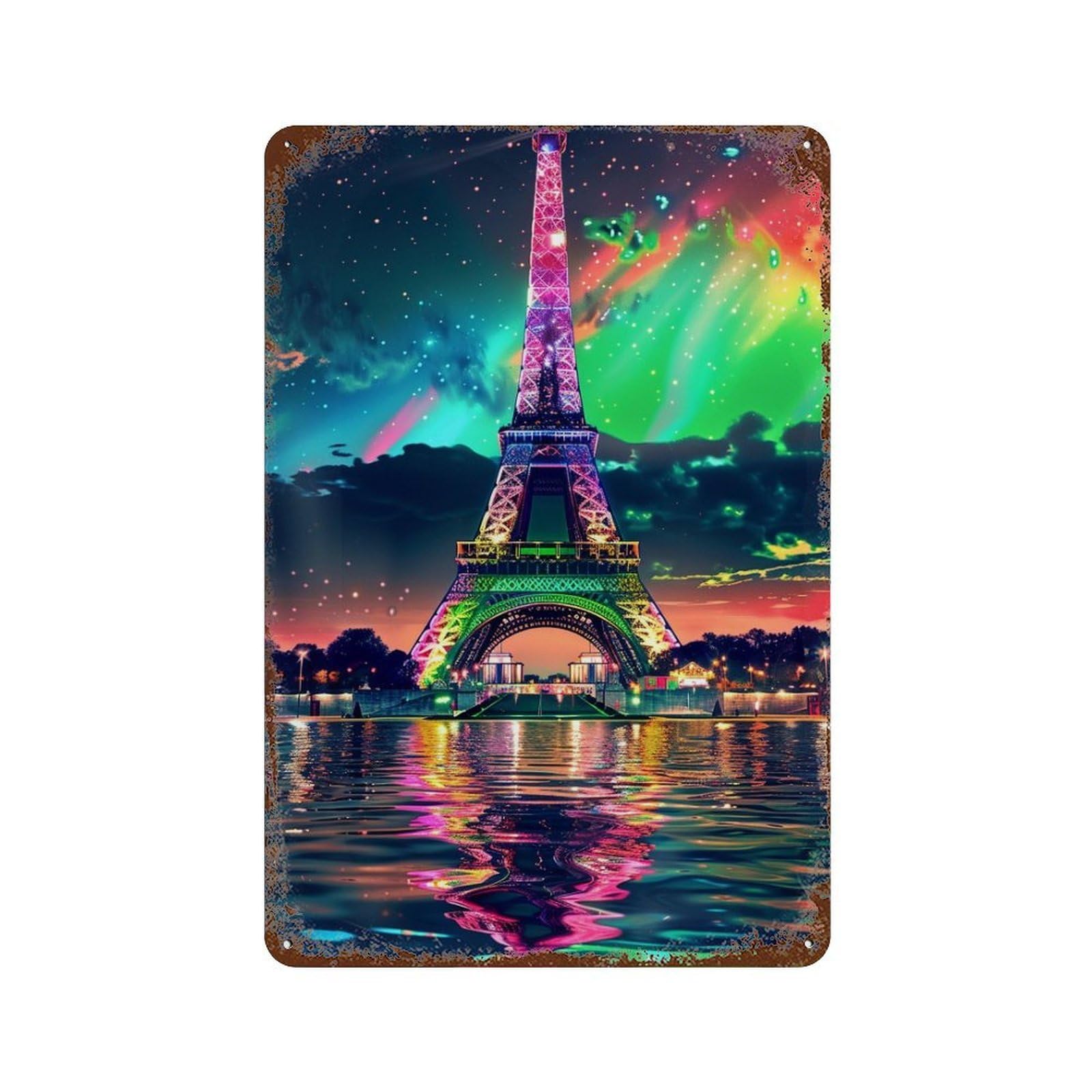 Garage Style Colorful Eiffel Tower Reflection-1 Rusty Metal Tin Sign 11.8"x7.9", Classic Wall Plaque for Bar And Workshop