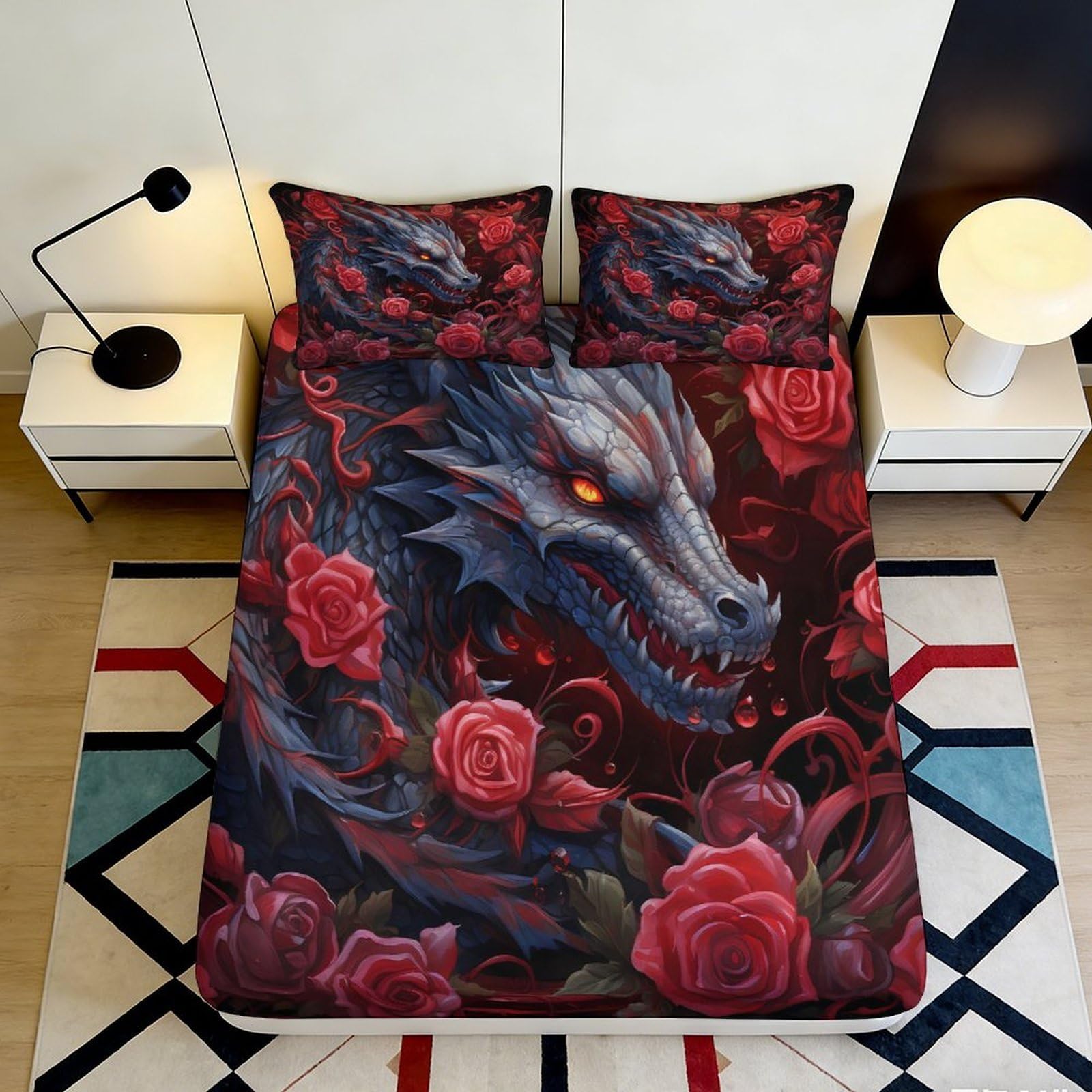 3D Printed Dragon Rose Fitted Sheet Microfiber Deep Pocket Elastic Hem Bedroom Bedding Dragon Mattress Fitted Cover Non-Slip Washable for Adults Teens 140x200x25cm