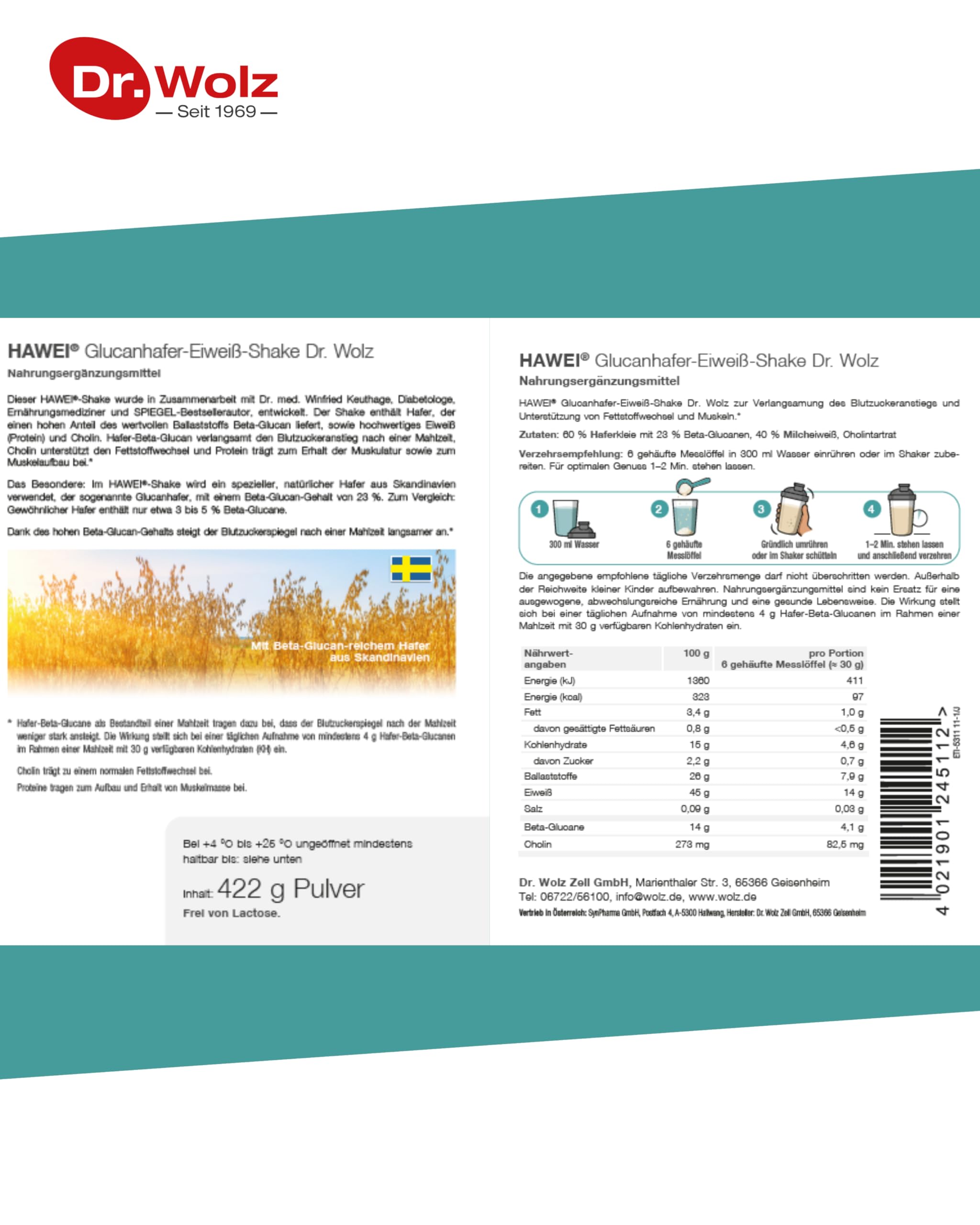 Dr. Wolz HAWEI® Glucanhafer-Eiweiß-Shake 422g – Kombination aus hochwertigem Eiweiß mit Beta-Glucan-Hafer aus Skandinavien – das Original nach der HAWEI®-Methode – Geschmacksrichtung Natur