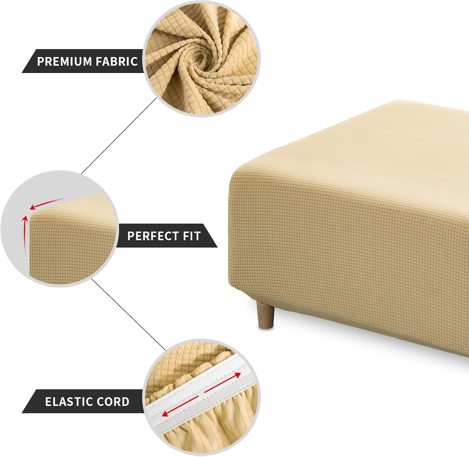 RECYCO Stretch Ottoman Cover Rectangle Storage Stool Slipcovers with Elastic Band, Footrest Protector with Spandex Jacquard Fabric (Beige，X-Large)