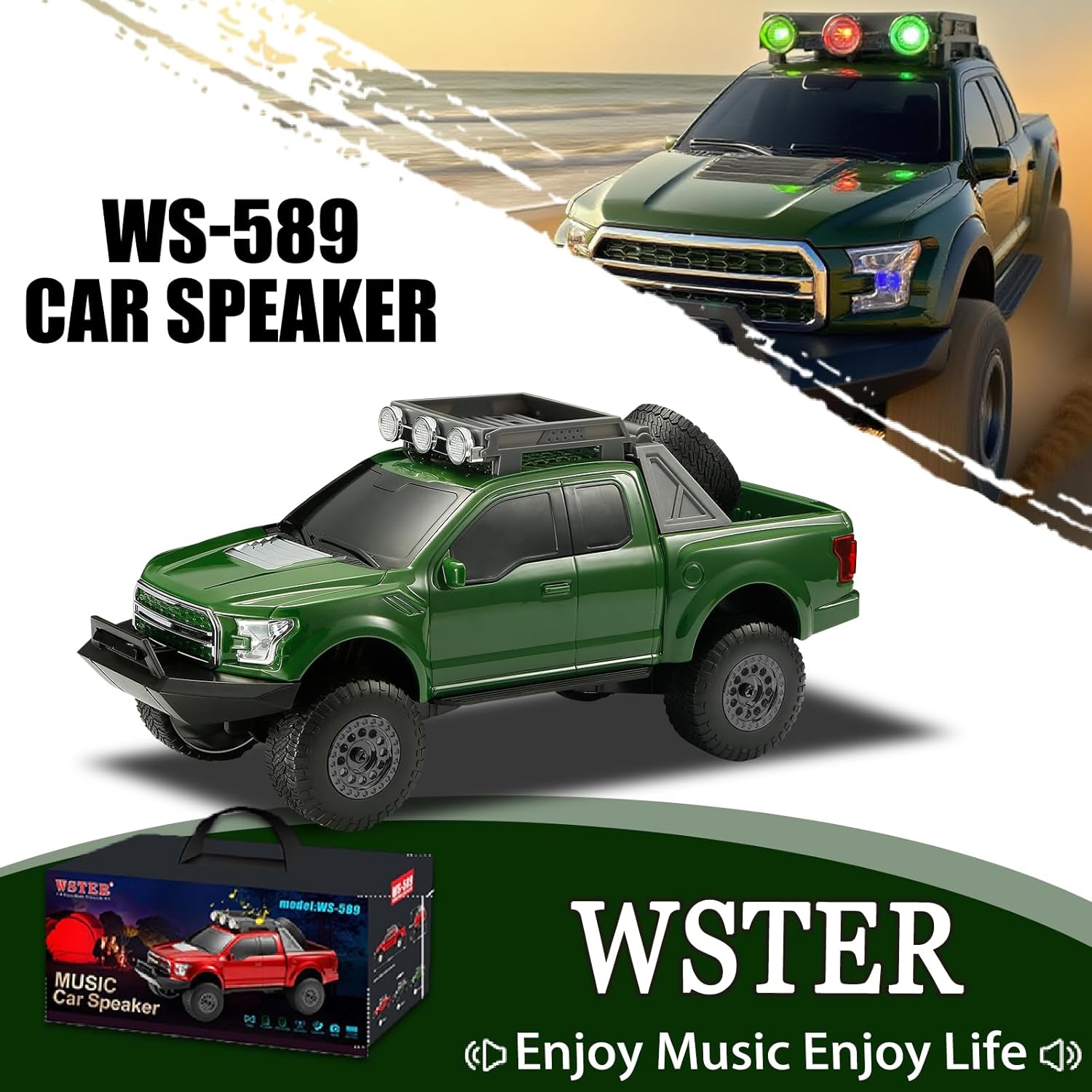 WS-589 Rugged Pickup Truck Bluetooth Replica Speaker – Portable Audio with TWS, LED Party Lights & HD Stereo | Unique Surprise Gift for Music & Truck Lovers (Green)