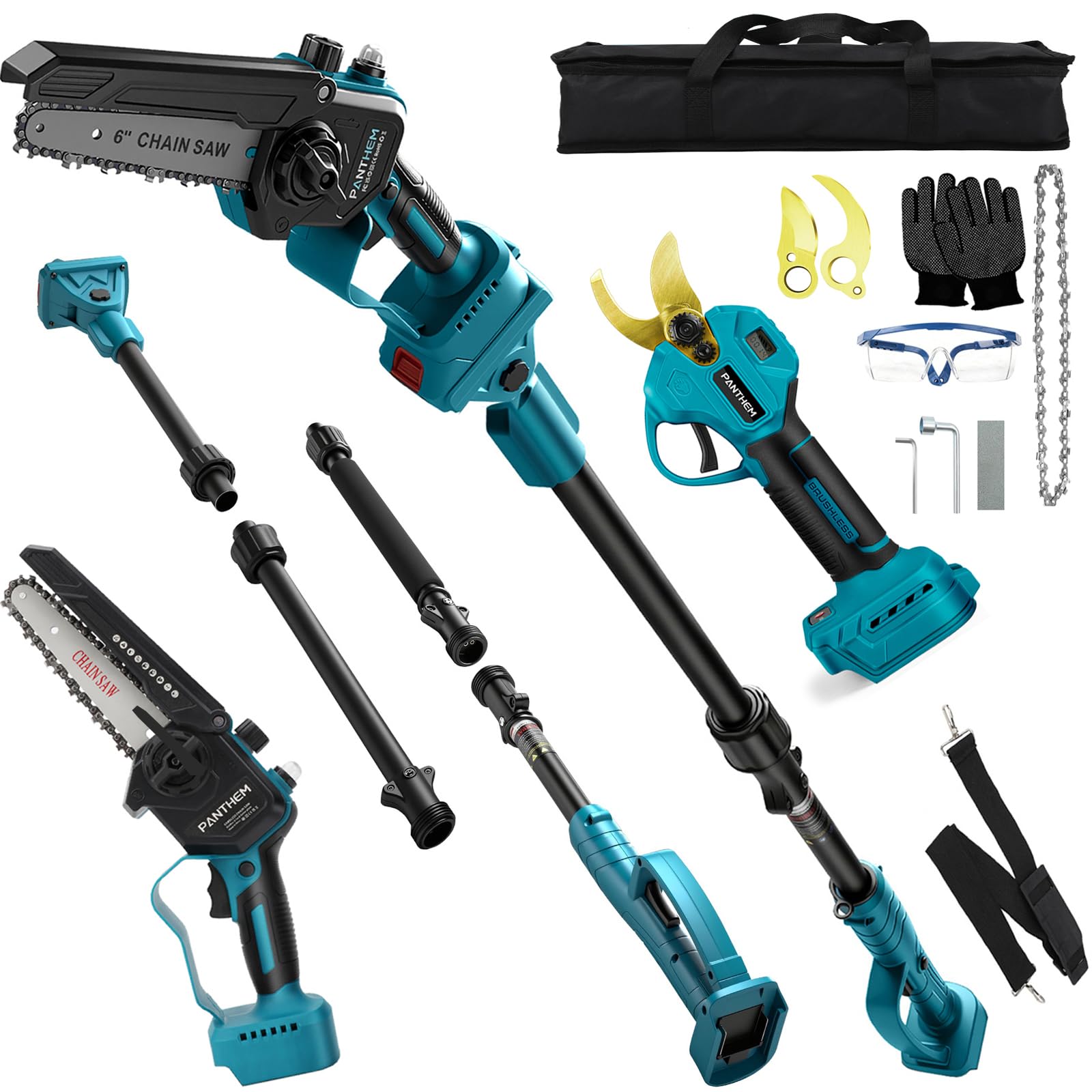 Akku Hochentaster Ast Kettensäge Profi Astsäge kompatibel mit Makita 18V (ohne Akku), 4 IN 1 Mini 6 zoll Akku Kettensäge und Astschere Teleskop Elektro teleskopsäge Arbeitshöhe bis 4,6m