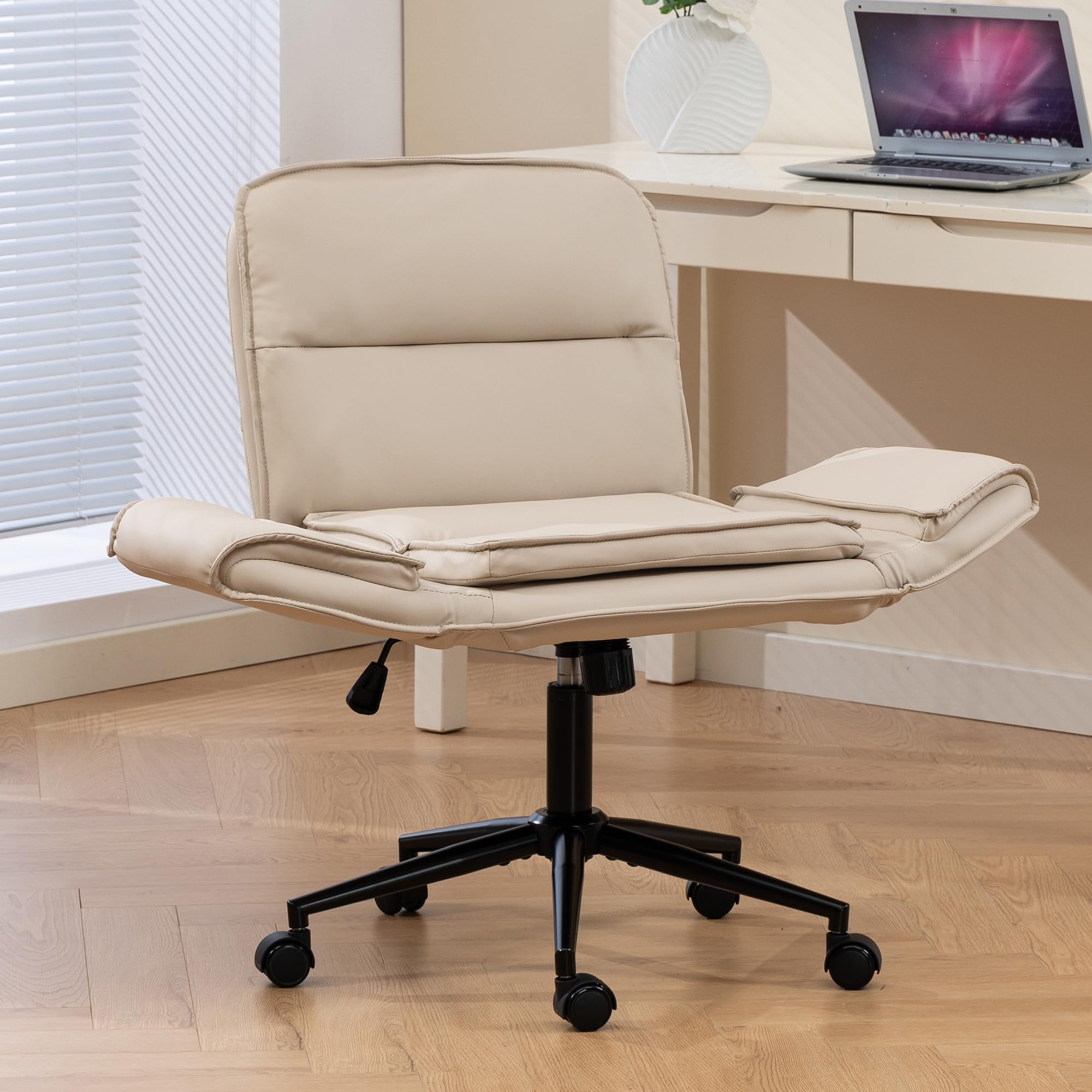 Criss Cross Chair with Wheels and Arms, Comfy Wide Seat Vanity Chairs with Back, PU Leather Swivel Computer Office Desk Chairs for Home, Makeup Room, Bedroom
