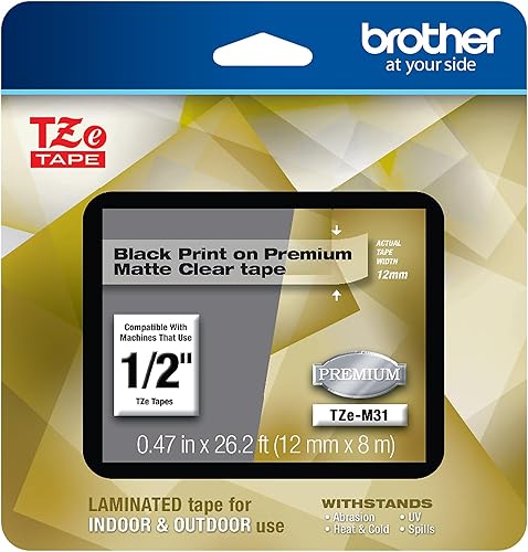 Brother - Cinta de etiquetas laminadas P-touch M31, prémium, 0.47 pulgadas de ancho x 26.2 pies de largo, negra sobre transparente mate Negro sobre