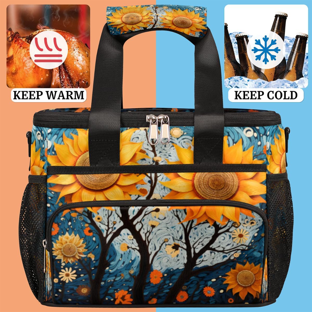 Floral Insulated Picnic Backpack Lunch Box for Women Men Picnic Basket Tote Lunch Bag Picnic Bag Portable Lunch Bags for Picnic, Beach, Work, Trip,Office, Camp Sun Flowers