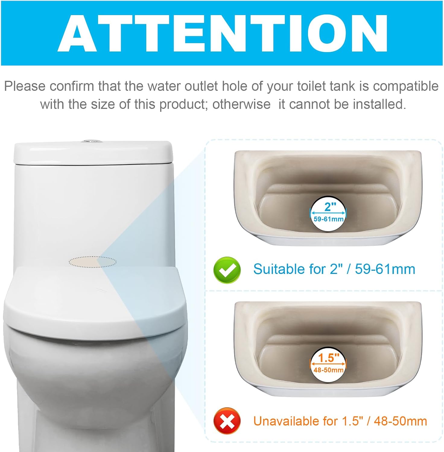 Diagram showing compatibility: suitable for 2-inch (59-61mm) toilet tank outlet holes, not for 1.5-inch (48-50mm).