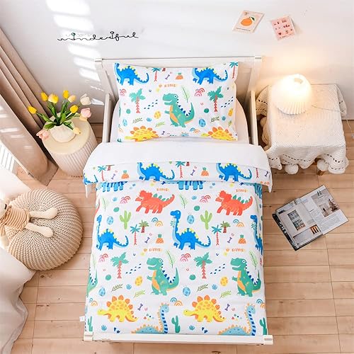Miniatura 2 de Holawakaka Juego de ropa de cama de 4 piezas para niños pequeños, colorido dinosaurio impreso en blanco, incluye edredón acolchado, sábana bajera,