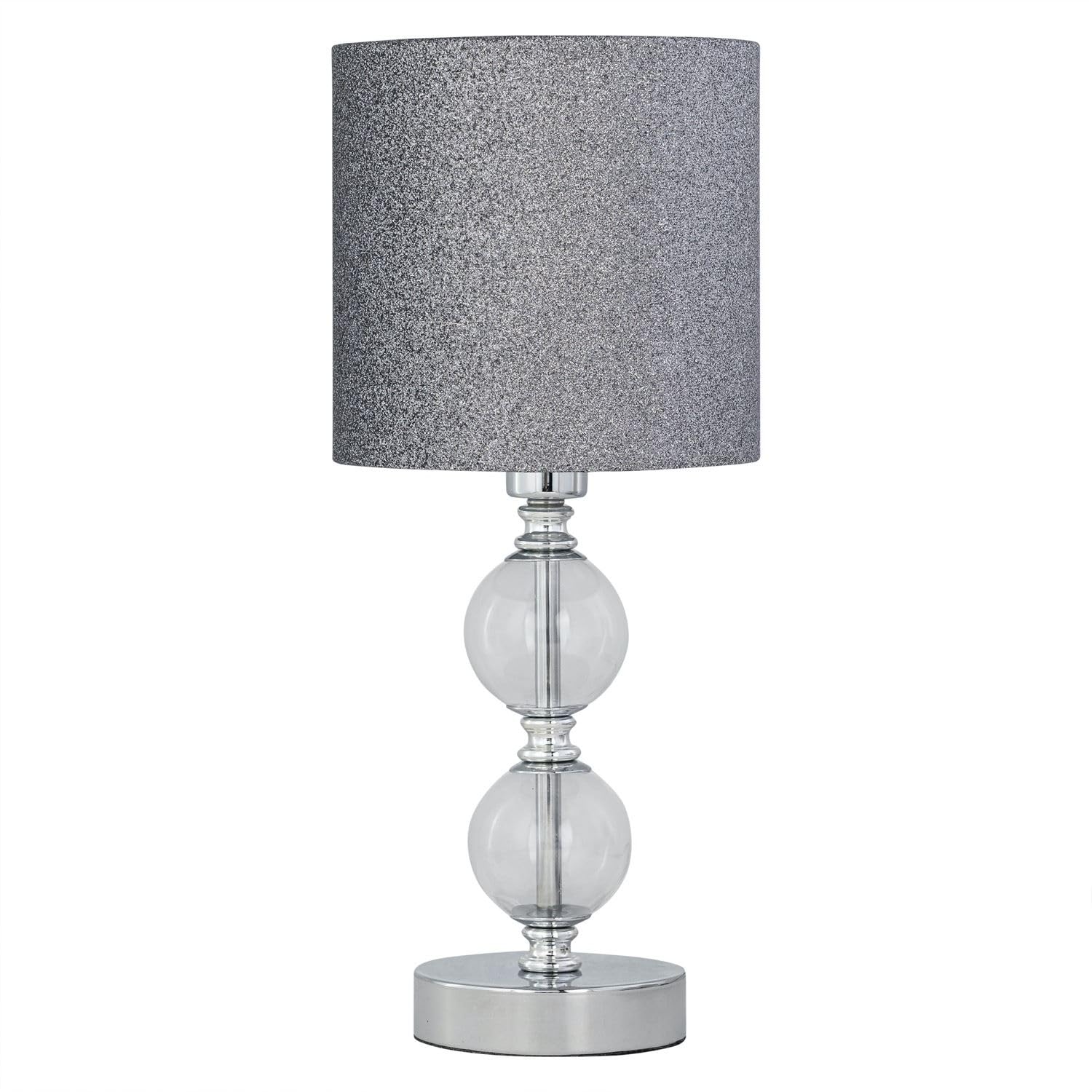 firstchoicelighting Chrome Two Ball Table Lamp with Silver Glitter Shade