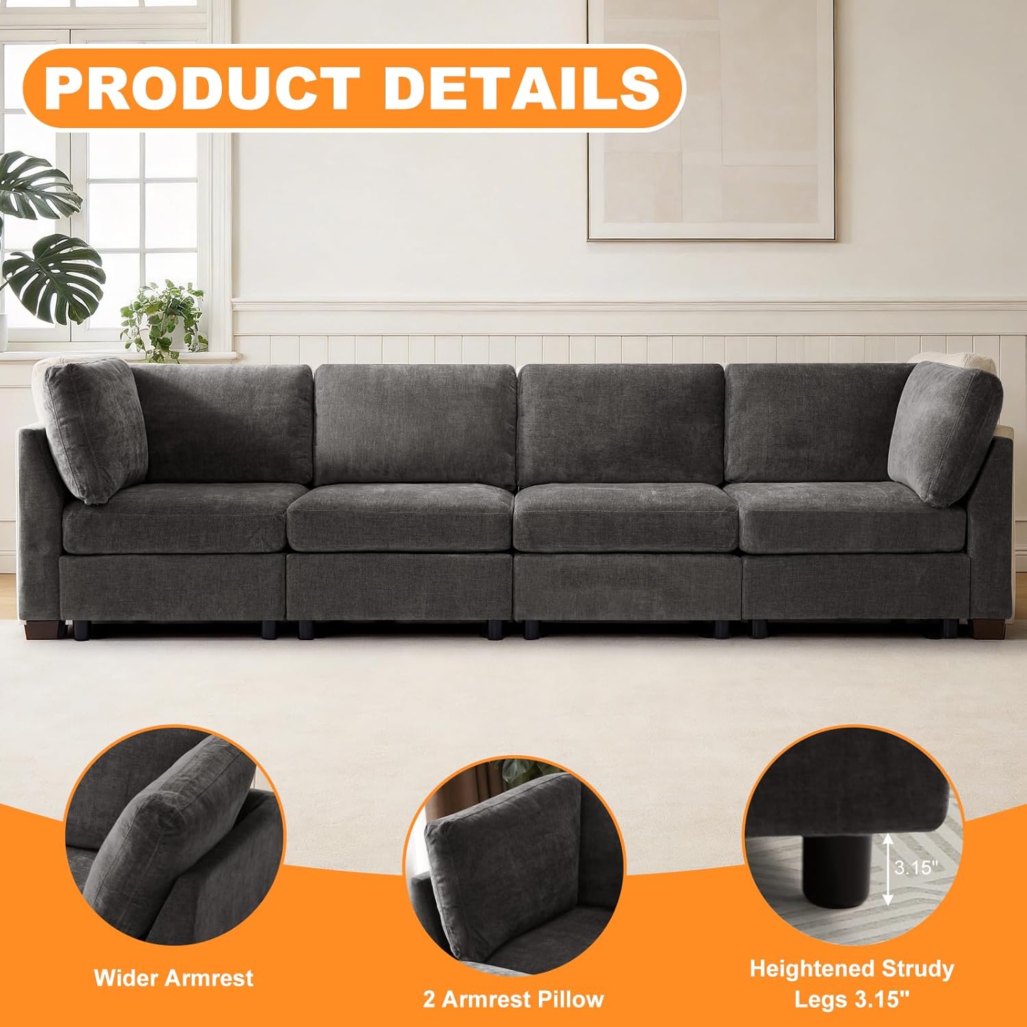 TEKAMON 122" Modern Sofa Modular Sectional Couch, 4-Seat Chenille Deep Seat Sofa for Living Room, Bedroom and Apartment, Dark Grey | High-Res Foam, Flexible Layout, Sturdy Wood Frame, Easy 30-Min Assembly, Warranty & Support