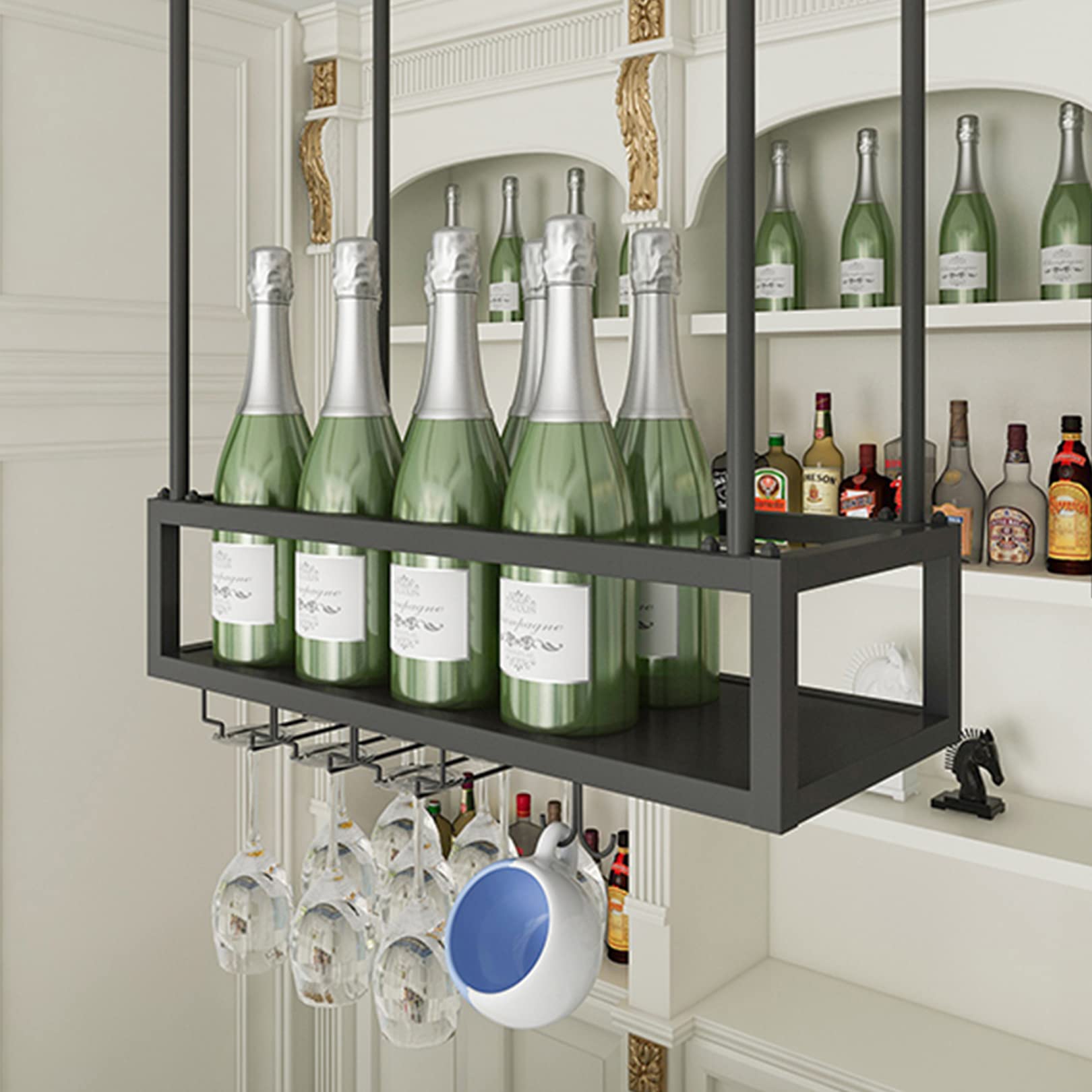 Support à verres à pied suspendu et casier à vin de plafond noir pour restaurant